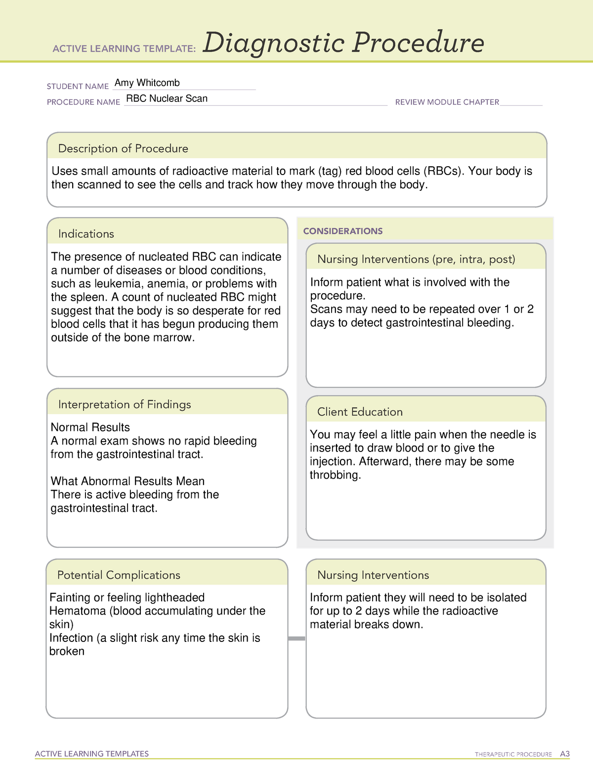 ATI RBC Nuclear Scan Diagnostic Procedure Sheet ACTIVE LEARNING