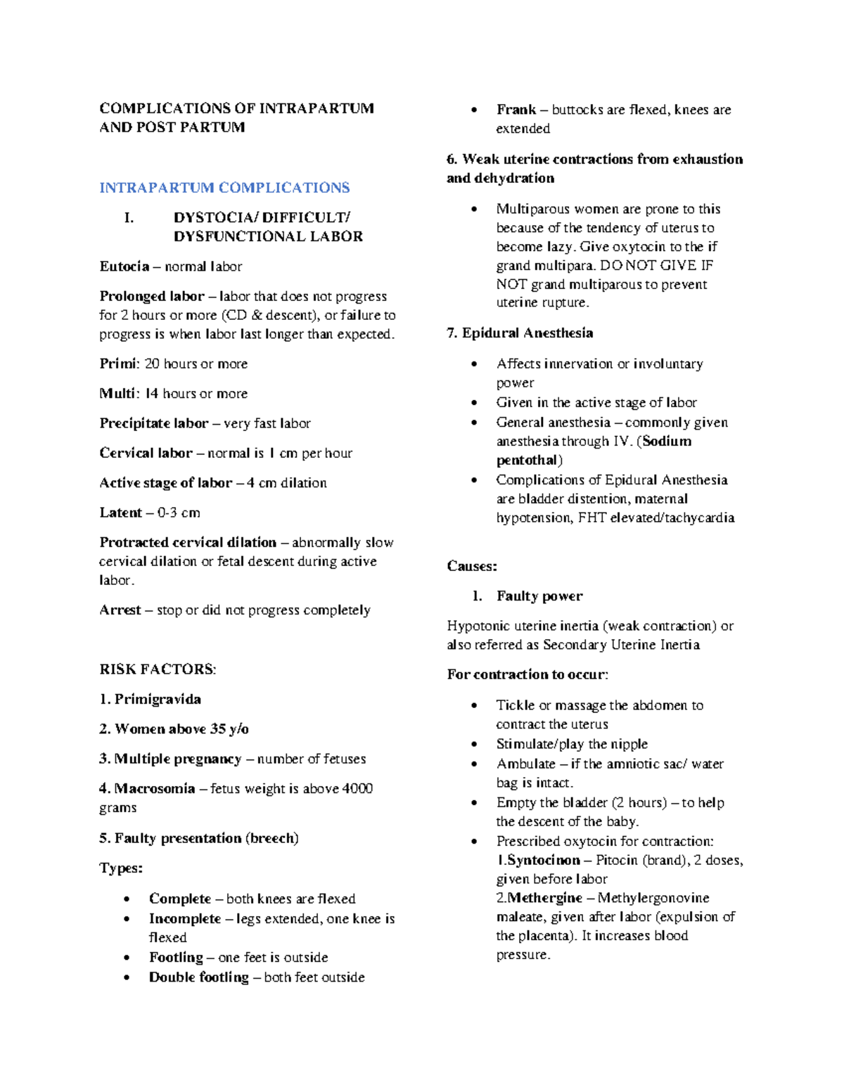 Complications OF Intrapartum AND POST Partum with additional notes ...