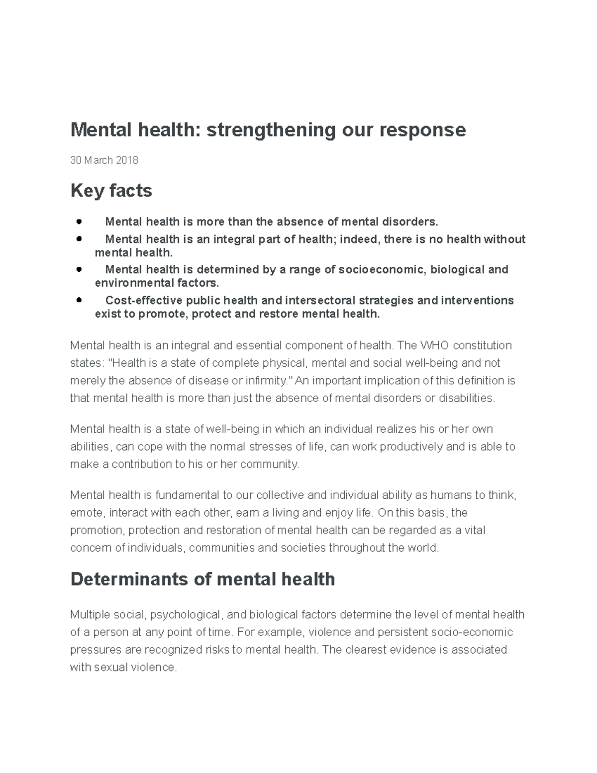 Mental health 1 - Mental health is an integral part of health; indeed ...