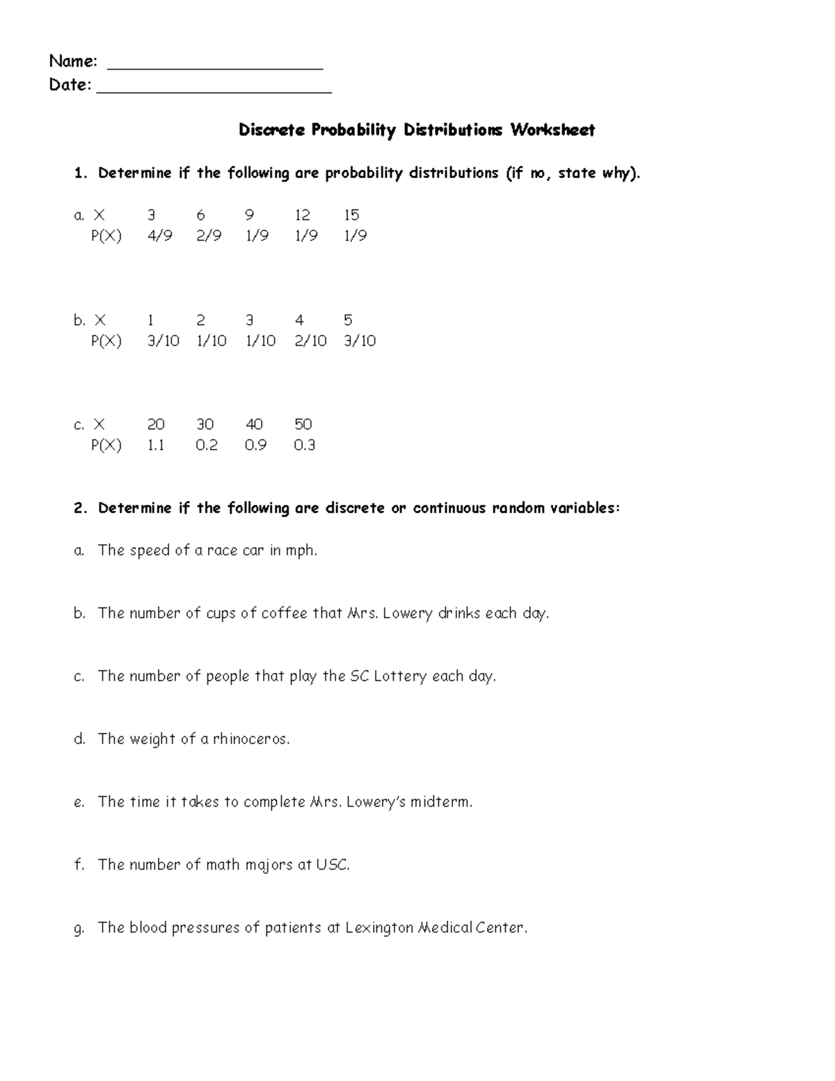 Discrete Probability Distributions Practice Problems - Date ...