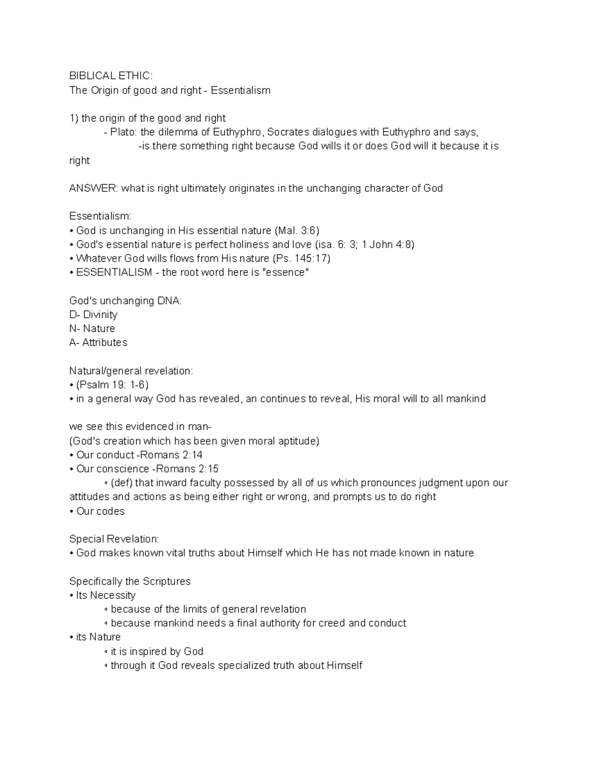 RLGN 105 class notes - BIBLICAL ETHIC: The Origin of good and right ...