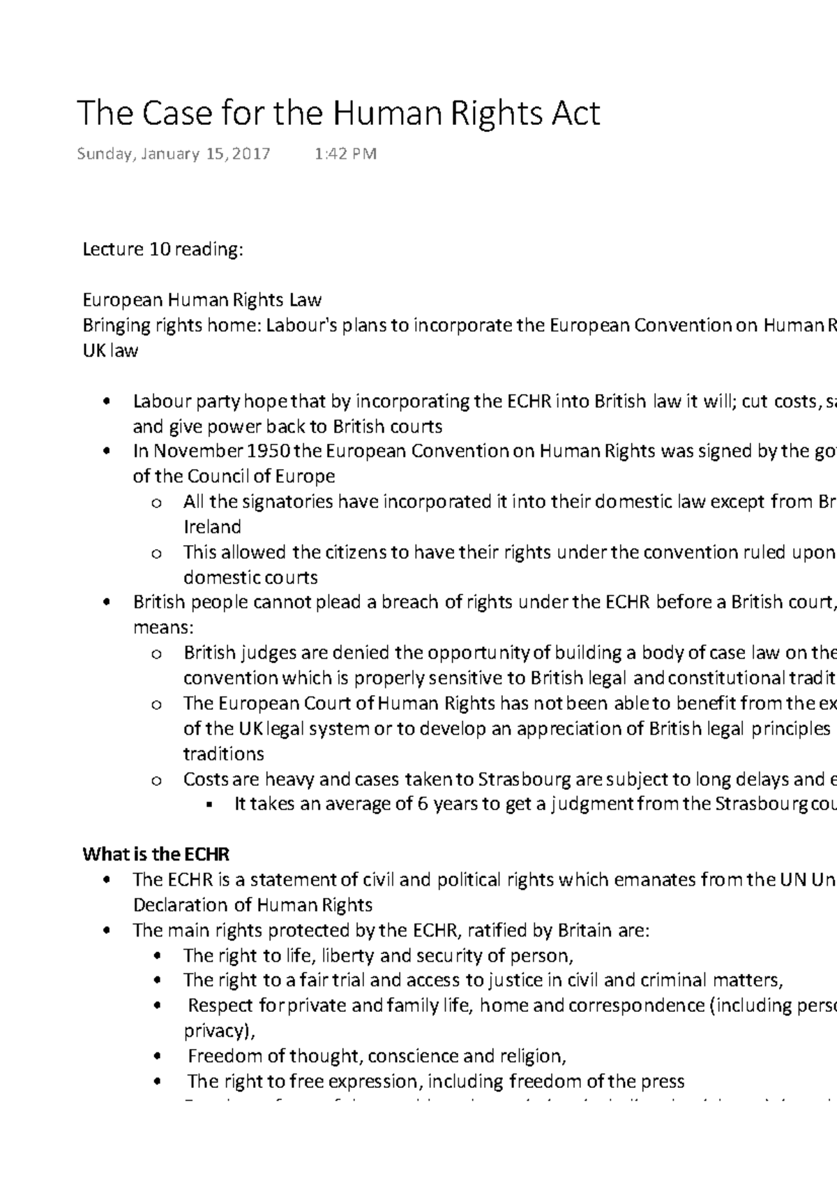 Public Law - Lecture 10 - The Case for the Human Rights Act - Lecture ...