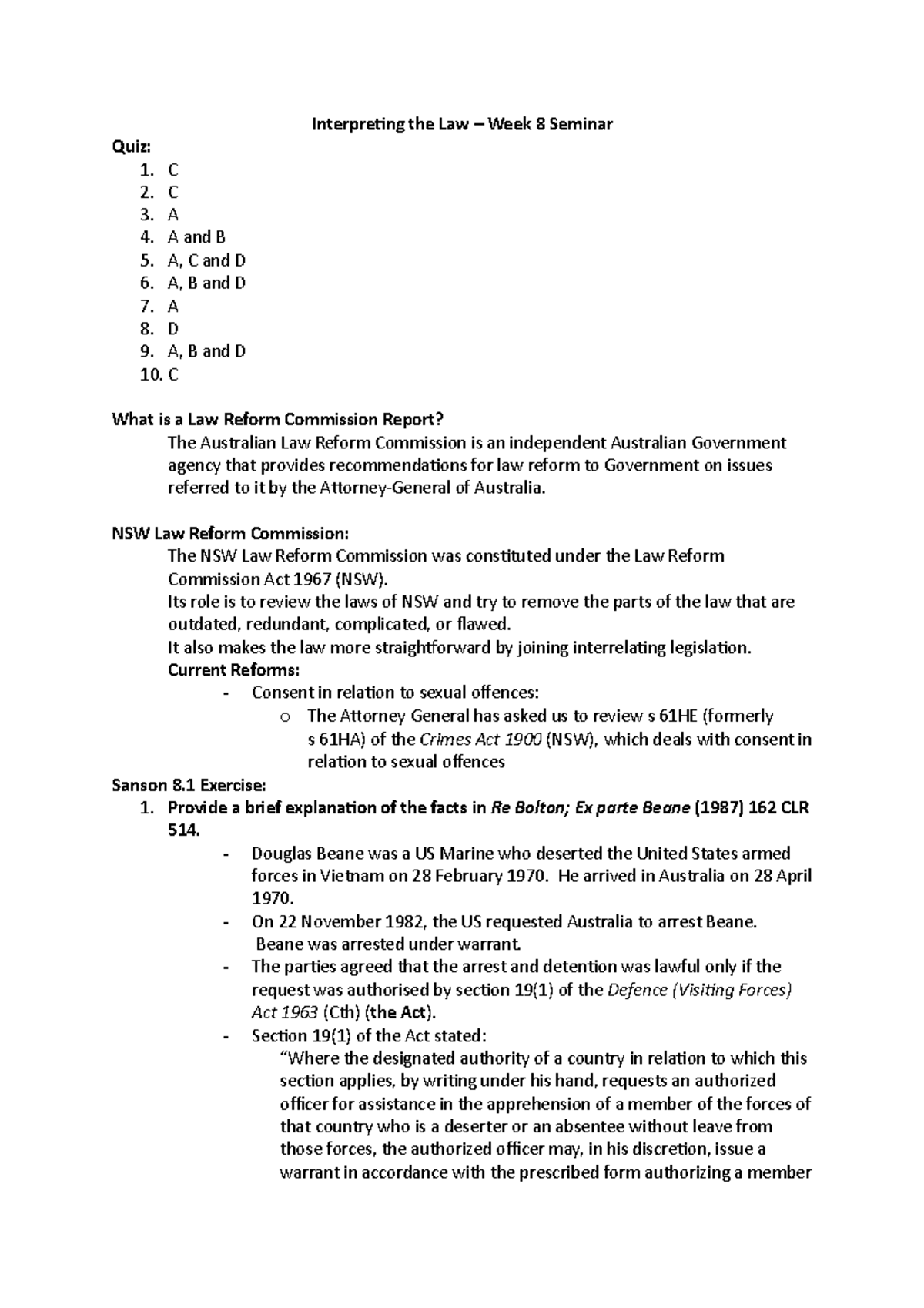 tutorial weeks 9-12 - Interpreting the Law – Week 8 Seminar Quiz: C C A ...