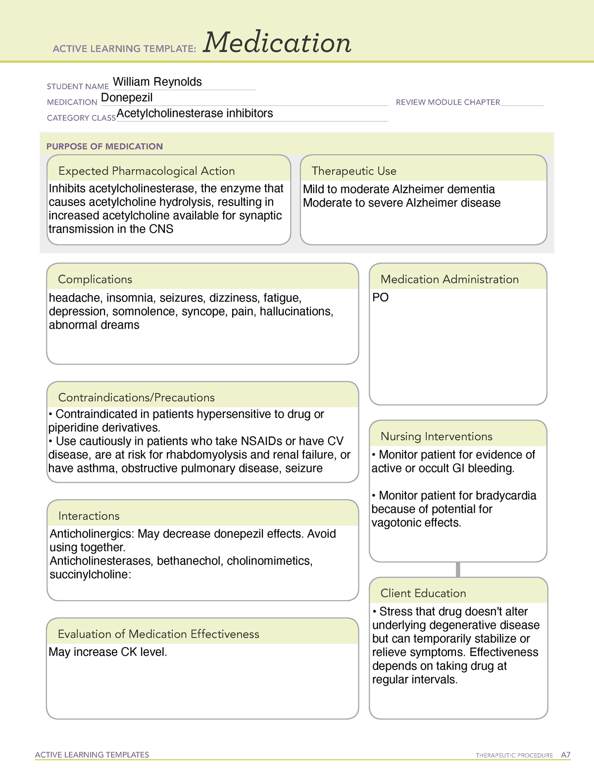 Donepezil - med card - ACTIVE LEARNING TEMPLATES TherapeuTic procedure ...