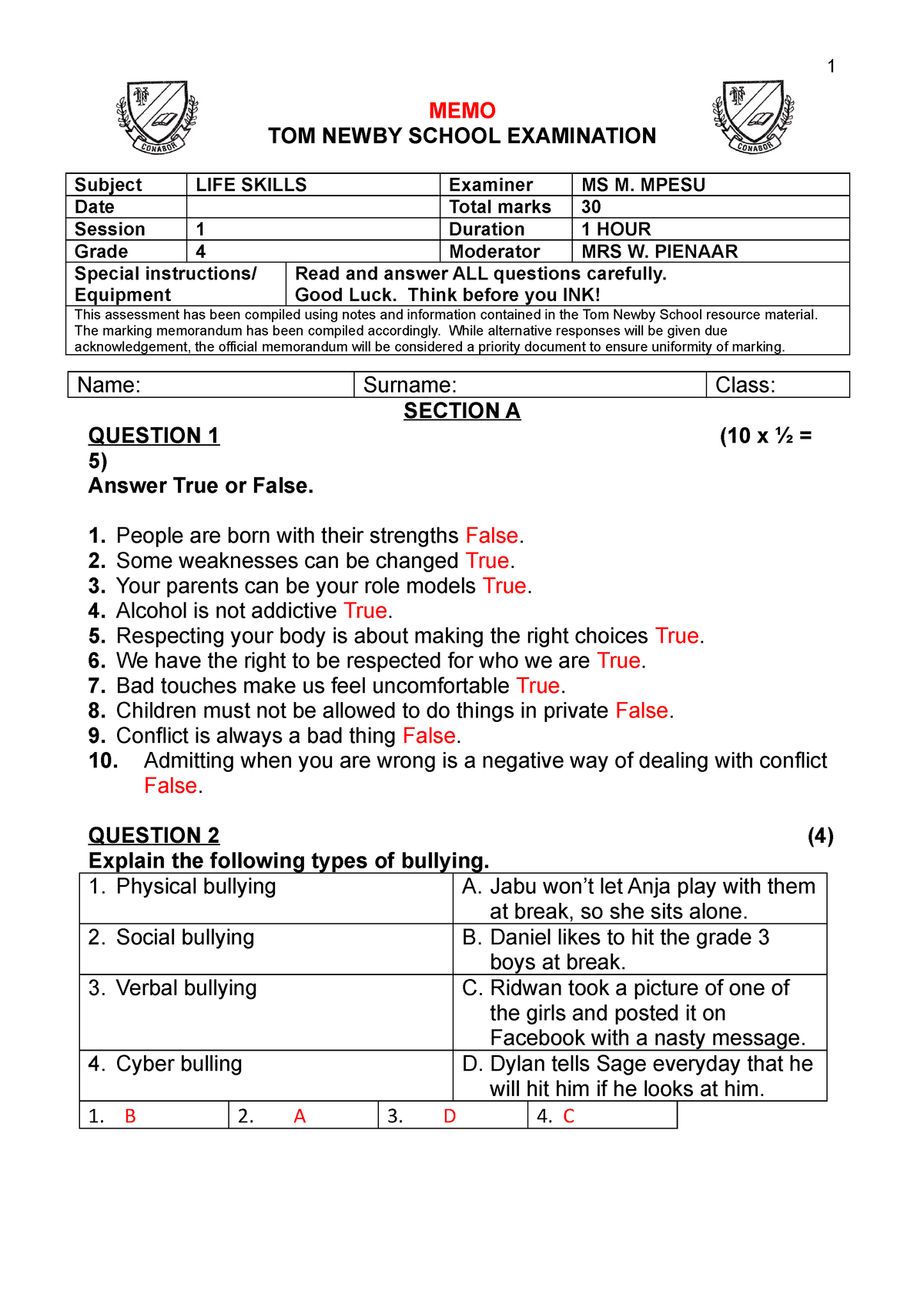 Life Skills Nov 2017 Exam Memo - 1 MEMO TOM NEWBY SCHOOL EXAMINATION ...