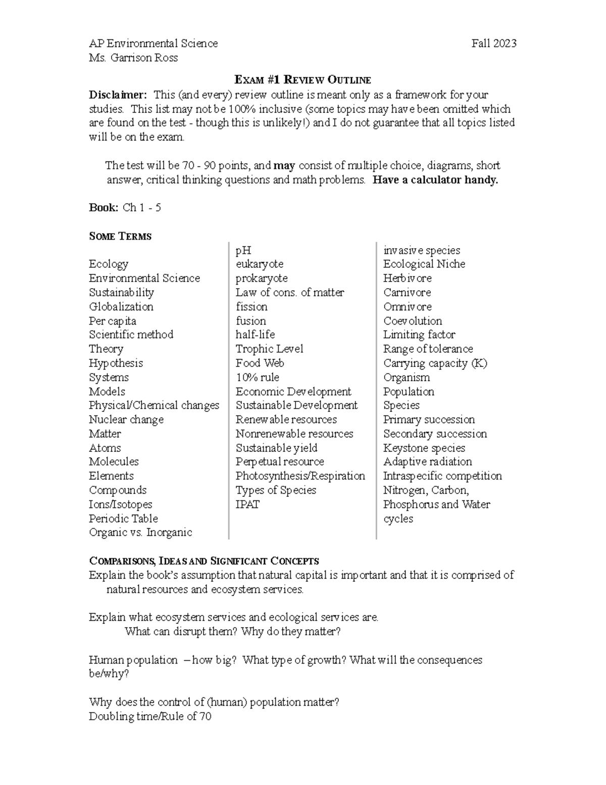 Review Sheet Exam 1 2023 Summer Reading, chapters 1 5 AP