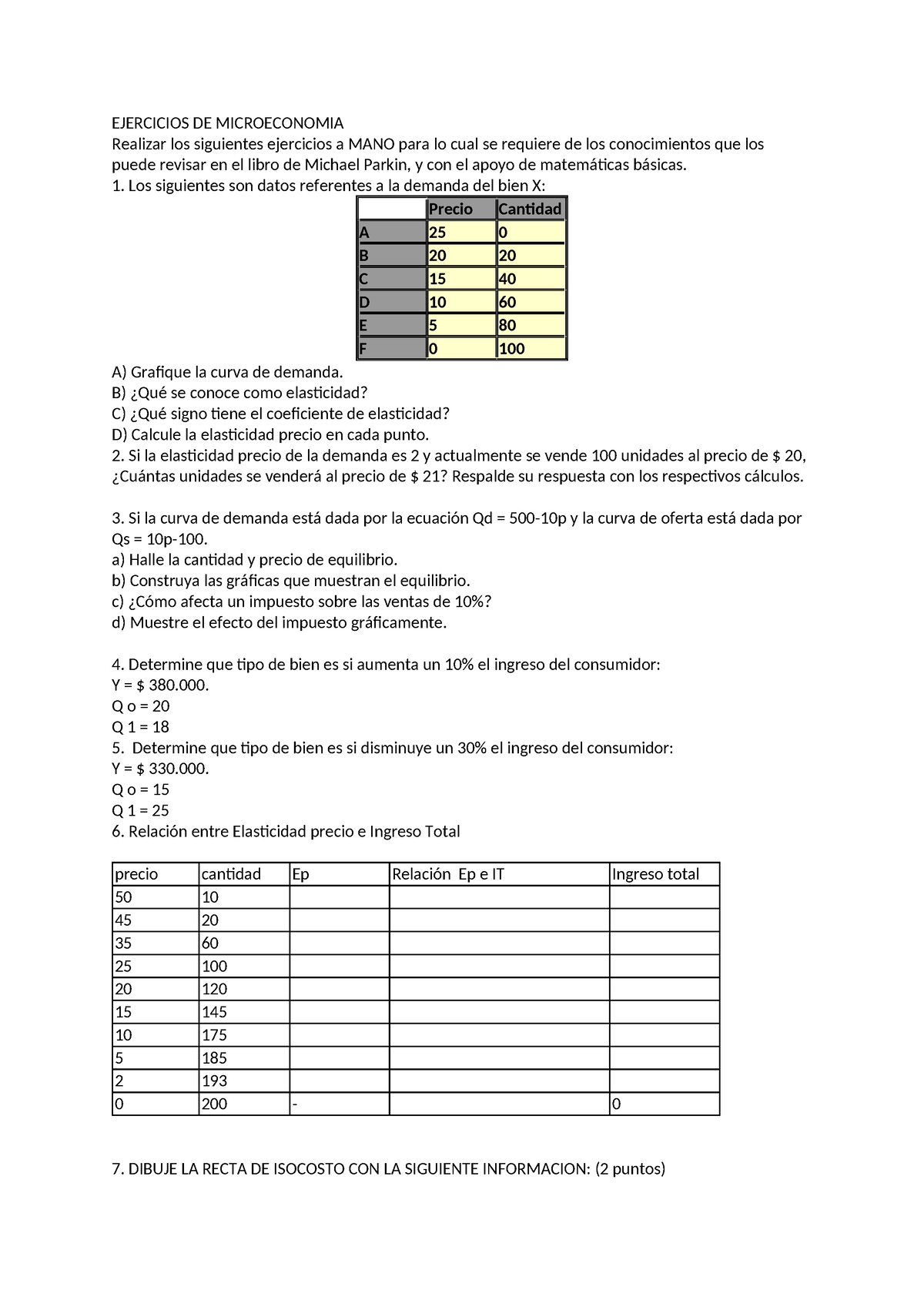 Ejercicios DE Microeconomia - EJERCICIOS DE MICROECONOMIA Realizar Los ...