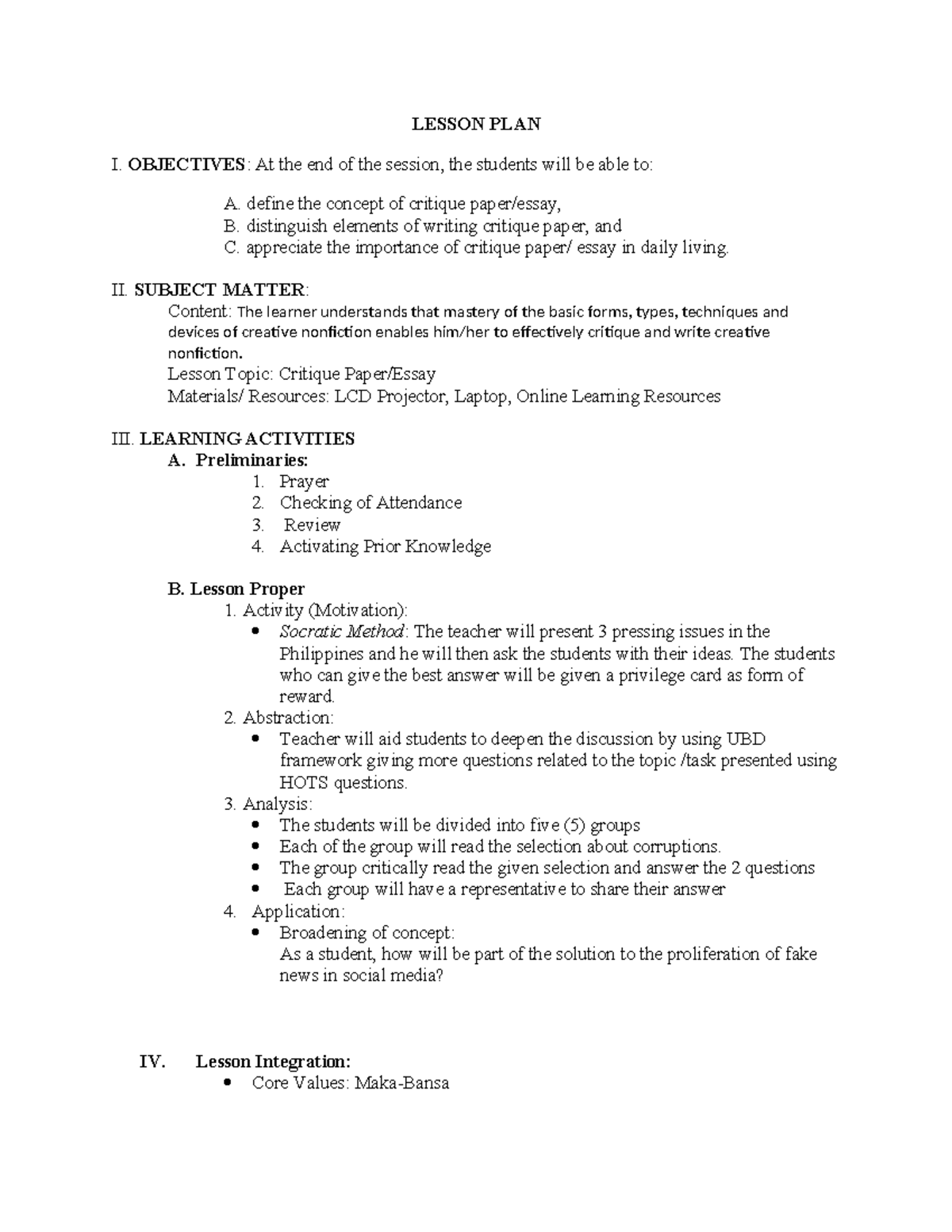 Sample-learning-plan - LESSON PLAN I. OBJECTIVES: At the end of the ...