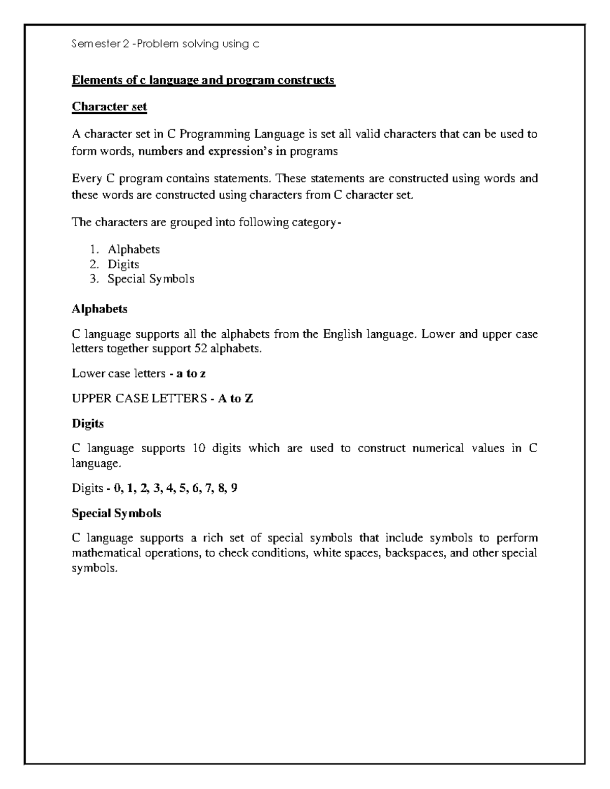 2 sem c 1 module - Eng bca 2nd - Elements of c language and program ...