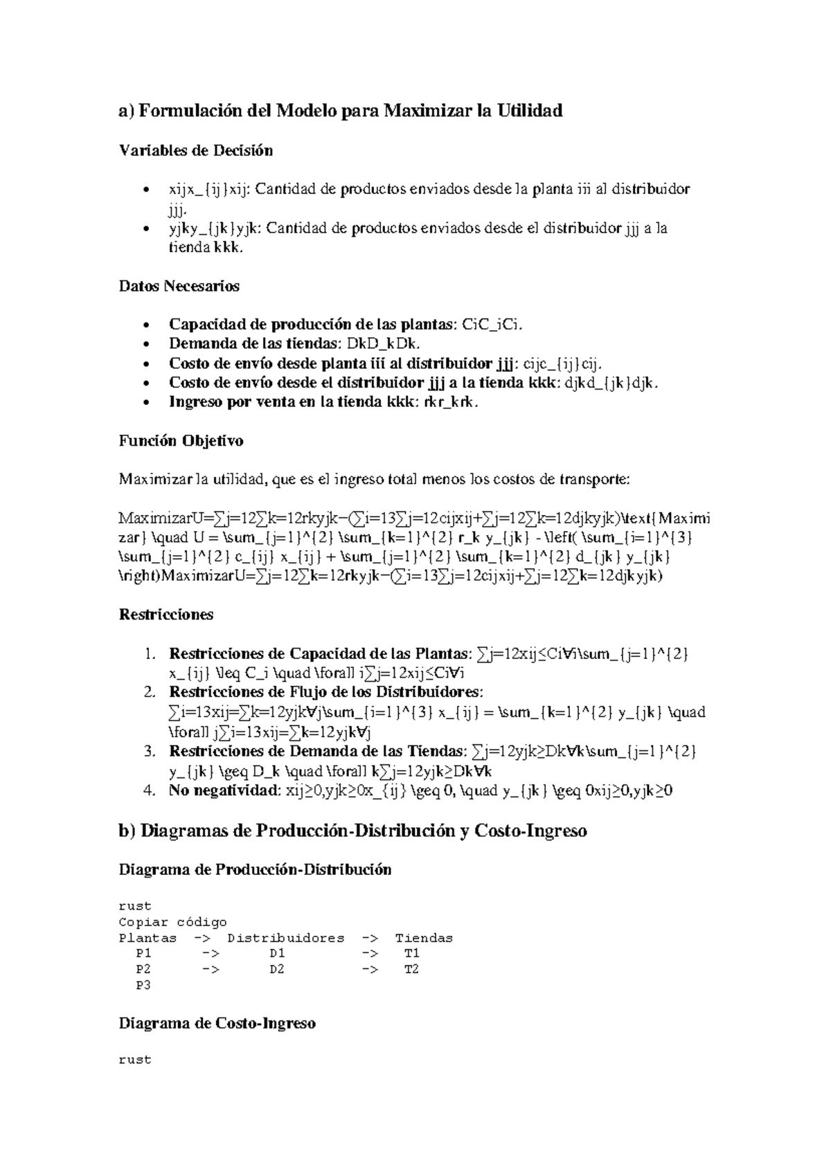 Suministro - a) Formulación del Modelo para Maximizar la Utilidad ...