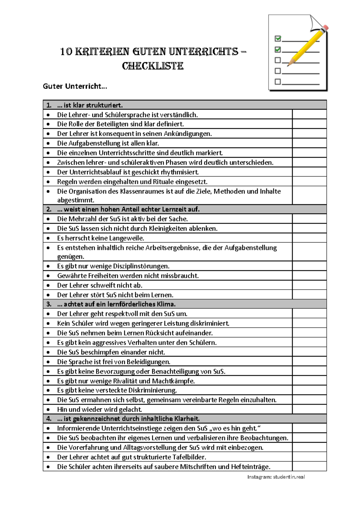Kriterien Für Guten Unterricht 10 Kriterien guten Unterrichts - Checkliste - Instagram: studentin 10