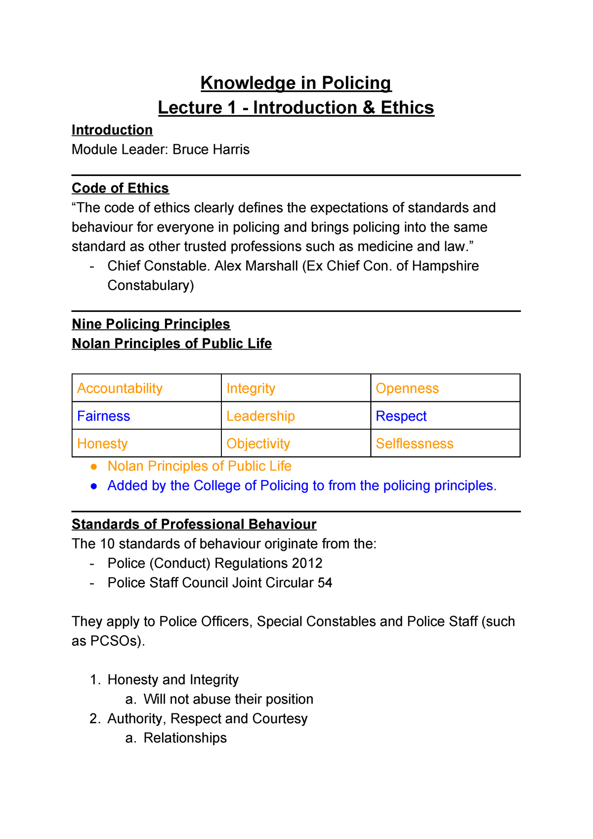 Lecture 1 Introduction Ethics Knowledge In Policing Lecture Introduction Ethics Introduction Module Leader Bruce Harris Code Of Ethics Code Of Ethics Studocu