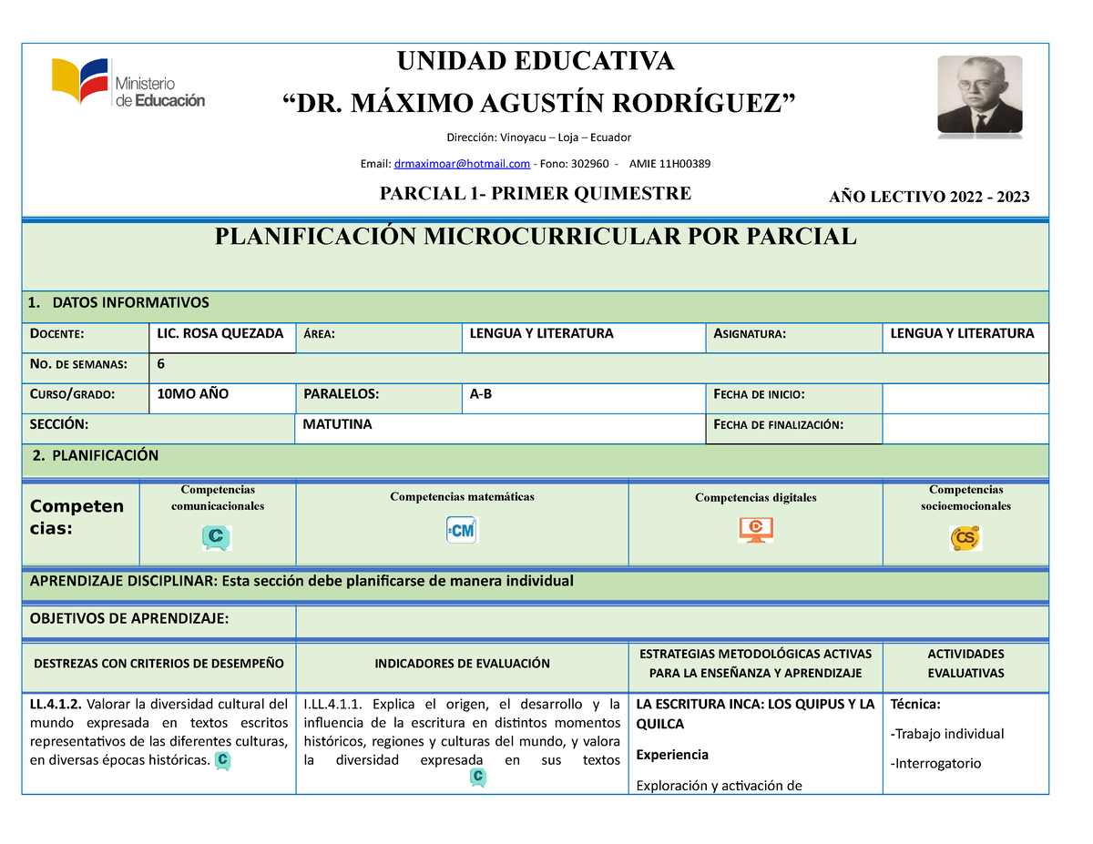 Décimo Planificación Proyecto 1 2022 Microcurricular POR ...