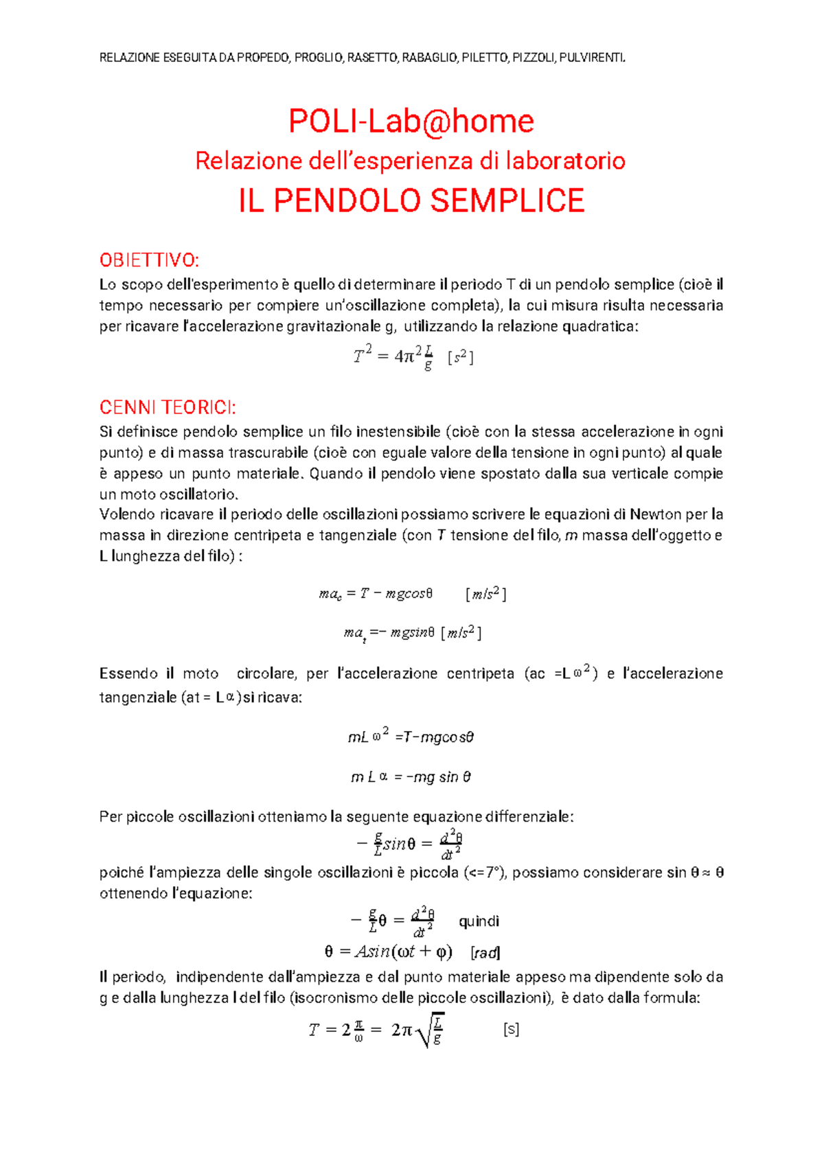 Relazione Di Fisica 1 Laboratorio - POLI-Lab@home Relazione Dell ...