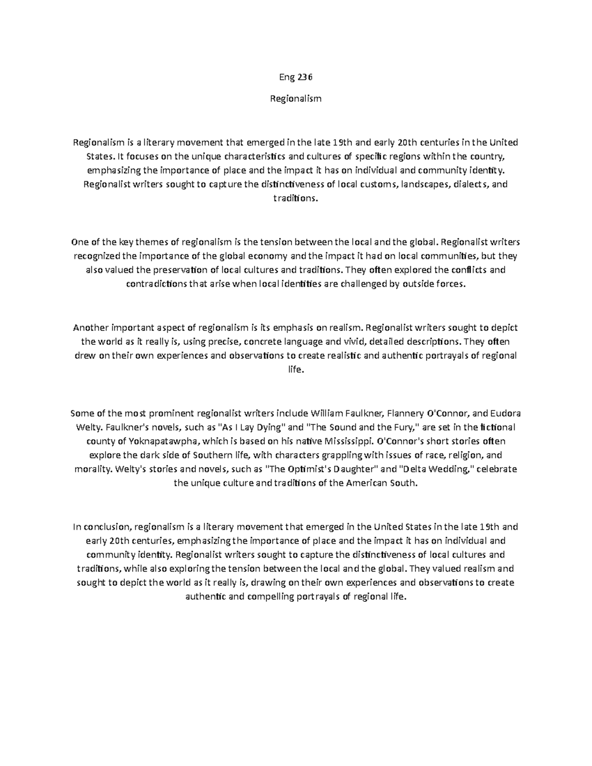 Eng 236 regionalism lecture notes Eng 236 Regionalism Regionalism