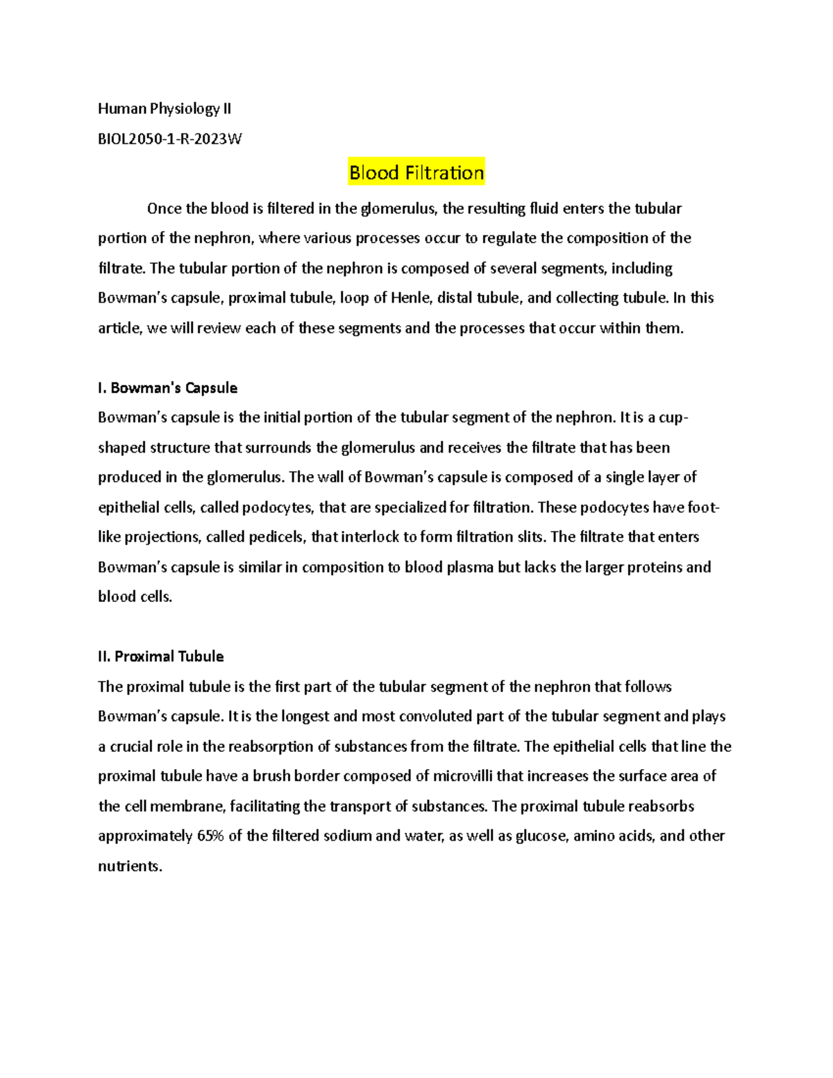 Human Physiology II Blood Filtration Human Physiology II BIOL20501R
