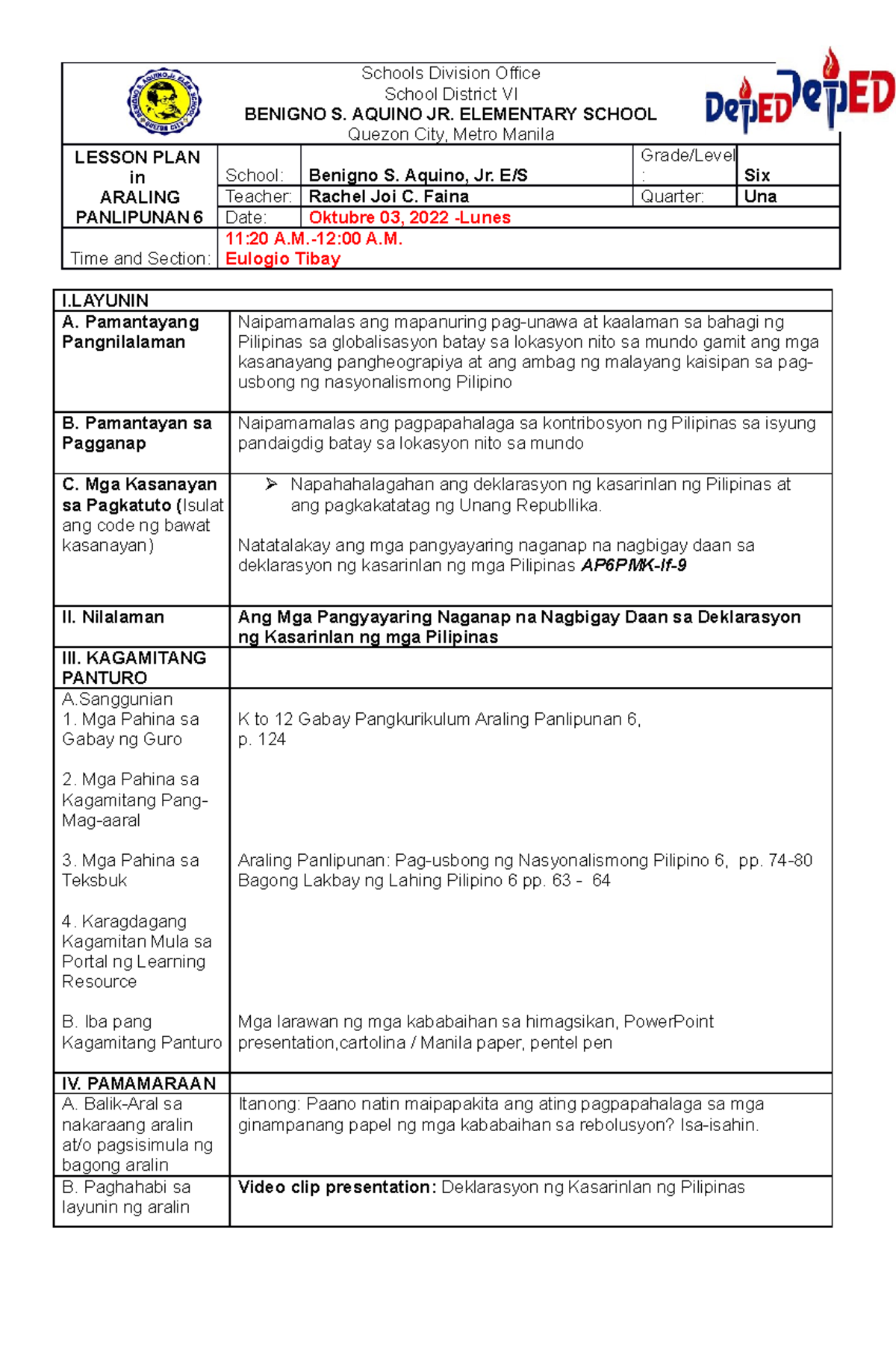 DLP-Oct. 3-AP - example lesson plan - Schools Division Office School ...