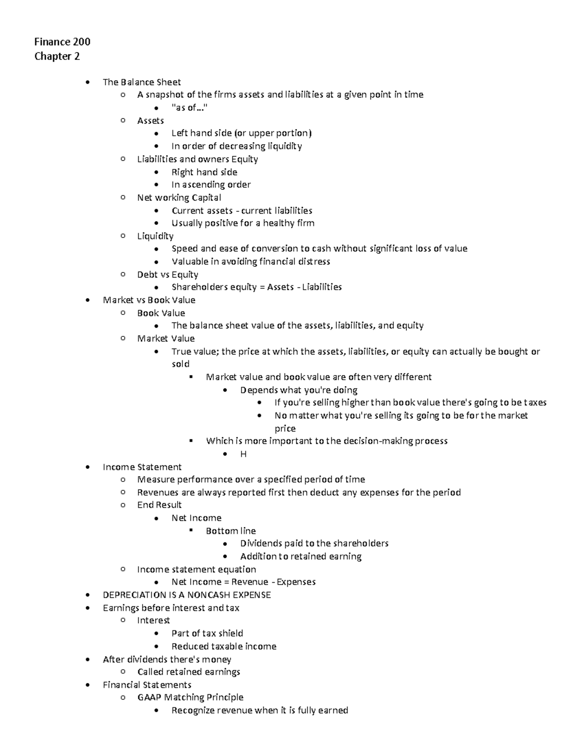 Finance Notes Chapter 2 - Finance 200 Chapter 2 The Balance Sheet o A ...