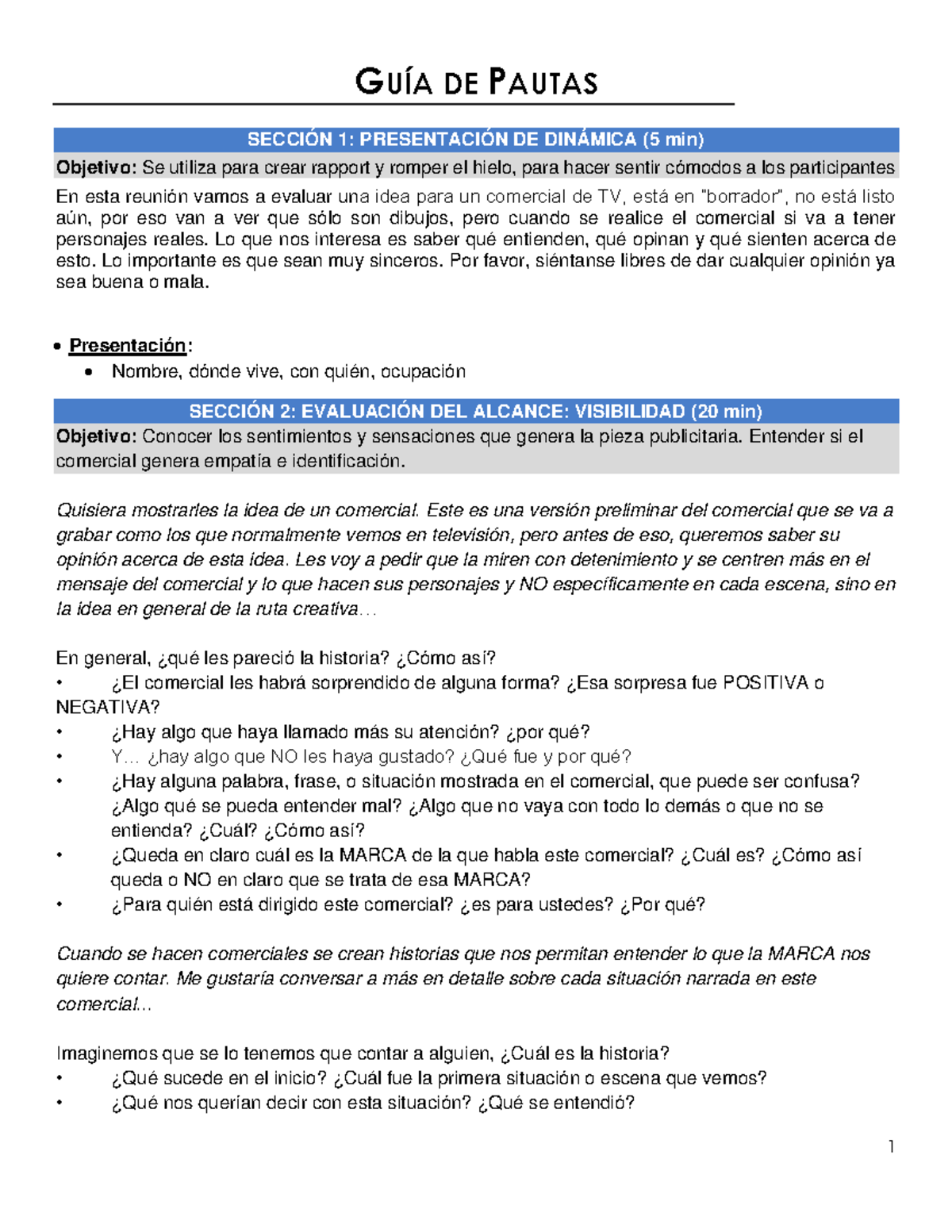 Ejemplo Guia De Pautas - Pre Test Publicitario - 1 GUÍA DE PAUTAS ...