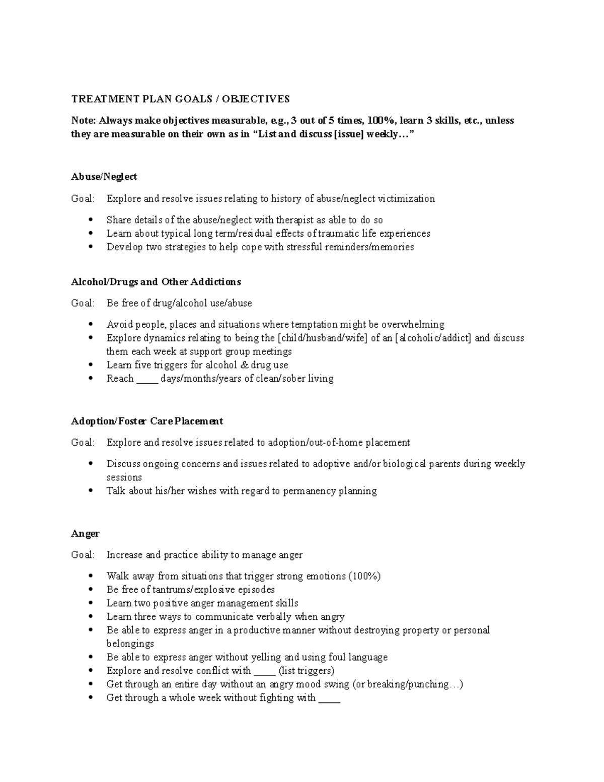 Treatment plan Objectives 1 - TREATMENT PLAN GOALS / OBJECTIVES Note ...