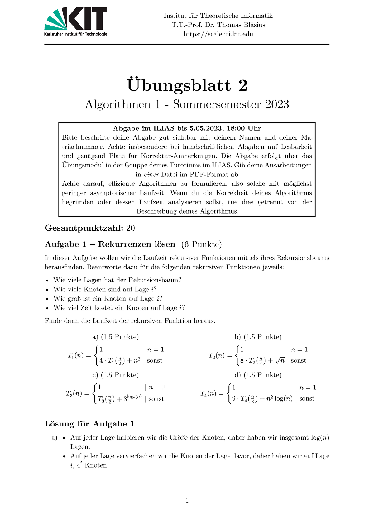 Alg Blatt Sol Institut F R Theoretische Informatik T Prof Dr