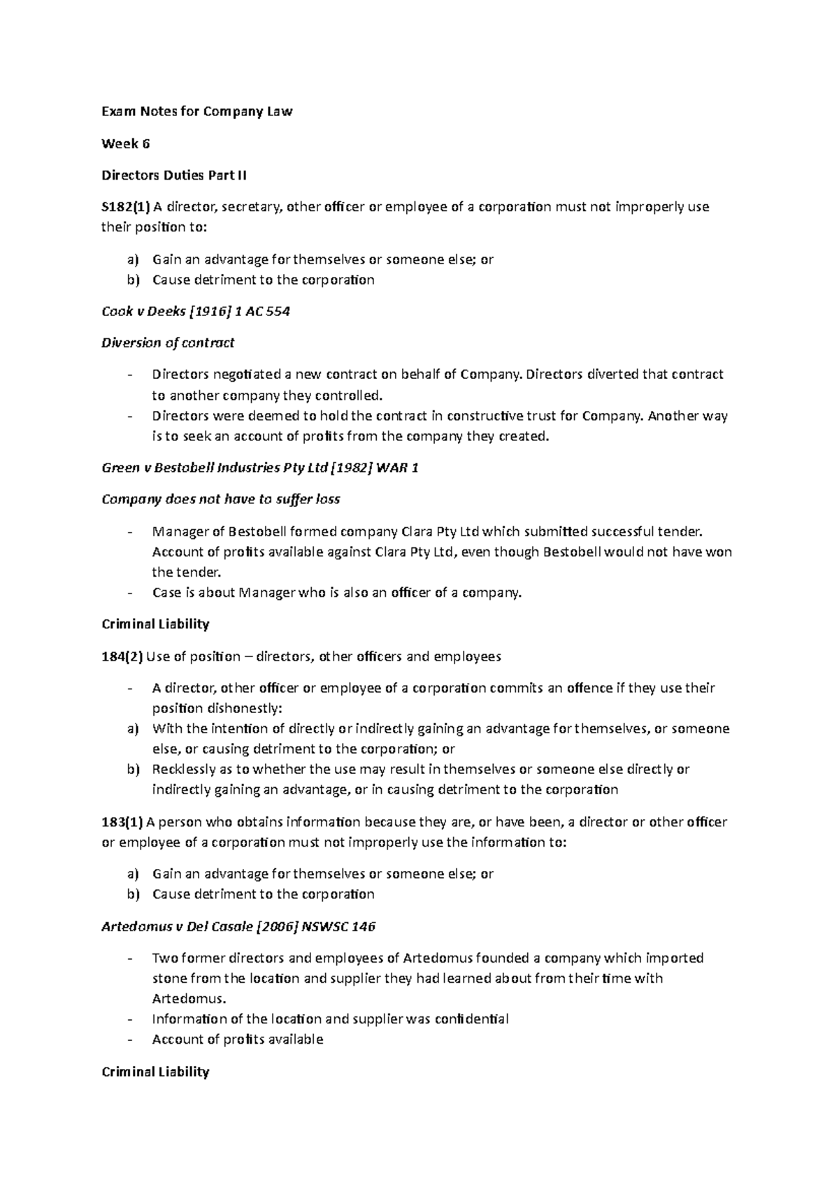 Company Law - Exam Notes - Exam Notes for Company Law Week 6 Directors ...