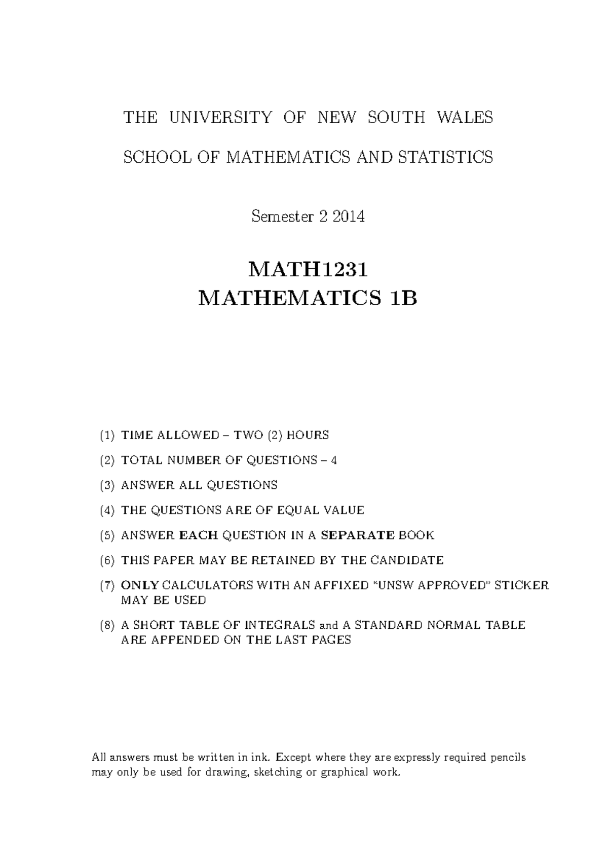 Math1231 exam 2014 Final - THE UNIVERSITY OF NEW SOUTH WALES SCHOOL OF ...