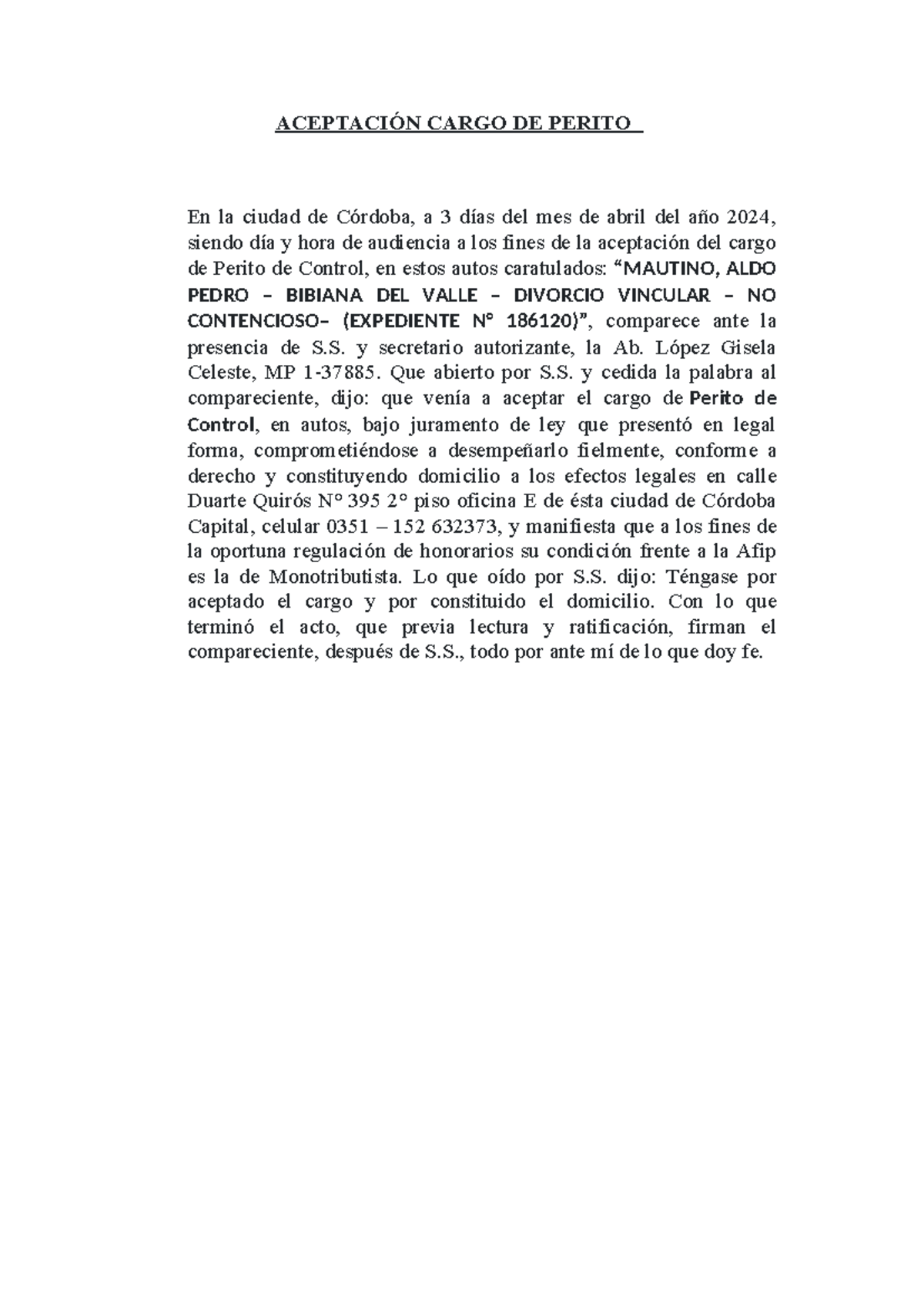 Aceptación Cargo De Perito De Control AceptaciÓn Cargo De Perito En