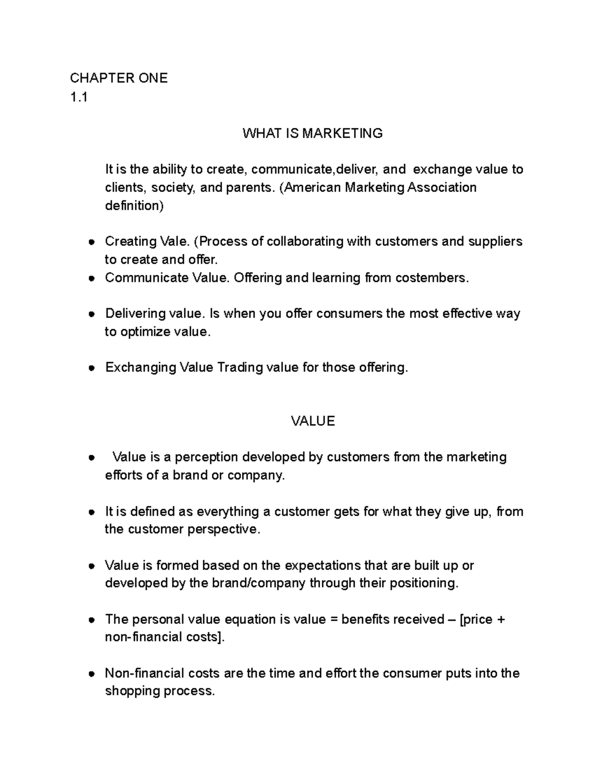 Marekting Notes - CHAPTER ONE 1. WHAT IS MARKETING It is the ability to ...