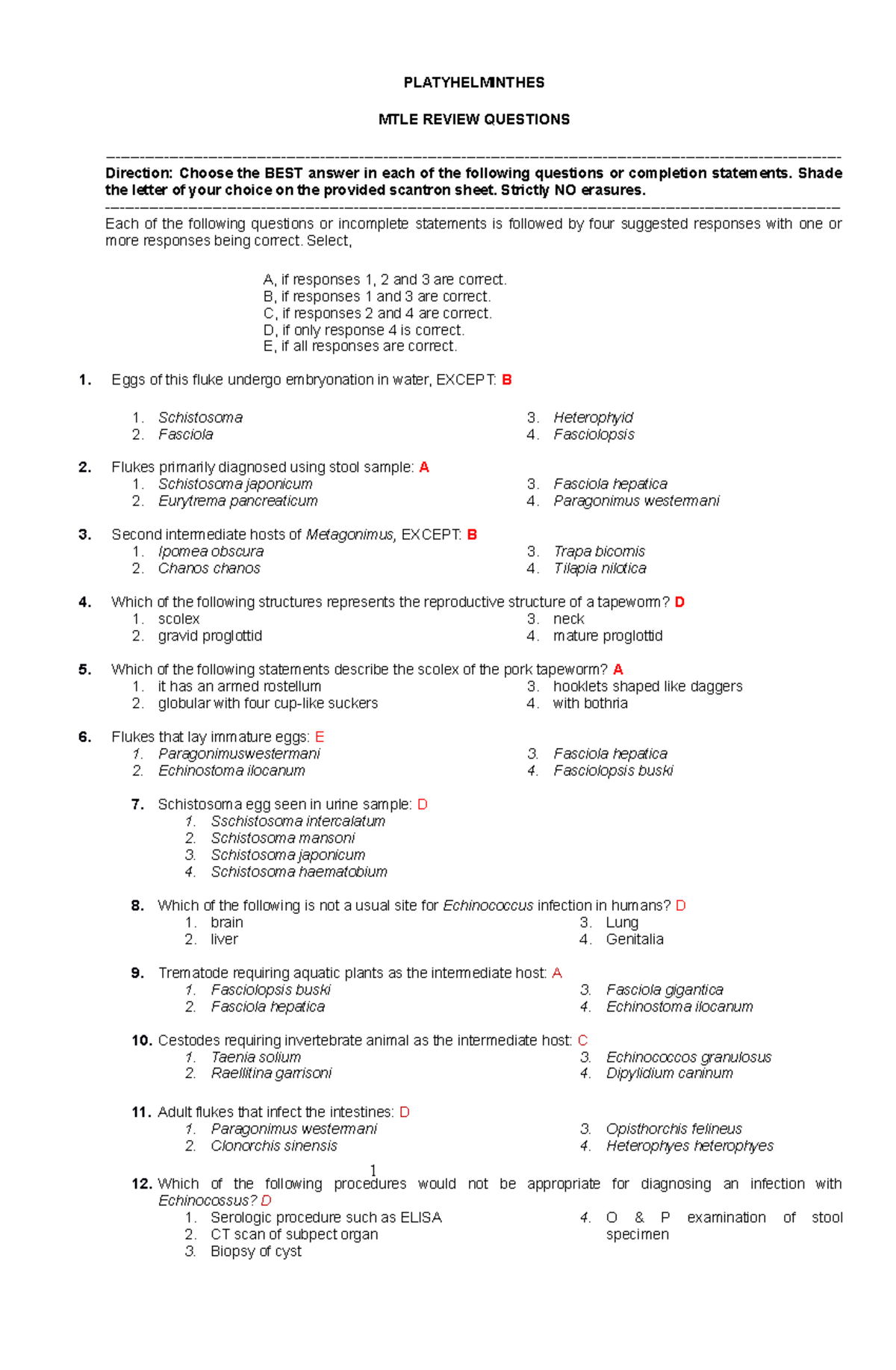 Parasitology - Recall Questions 3 - 1 PLATYHELMINTHES MTLE REVIEW ...