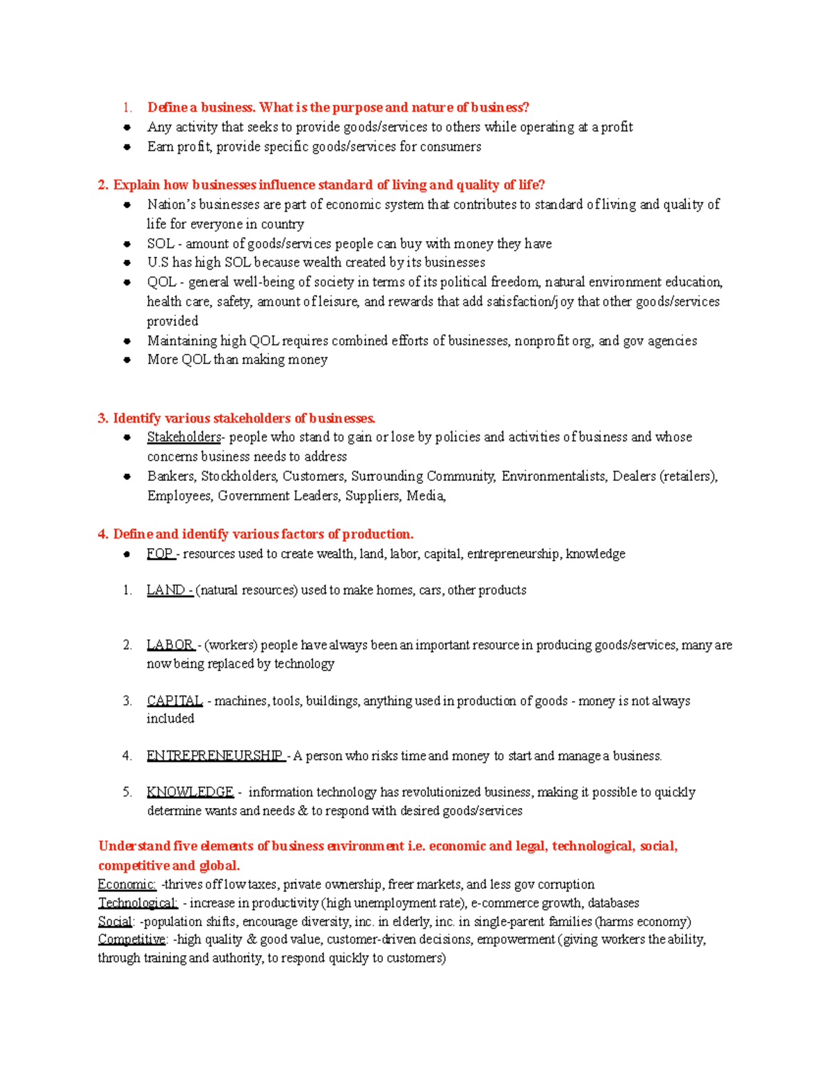 MGT Perspective Study Guide 1 - Define a business. What is the purpose ...