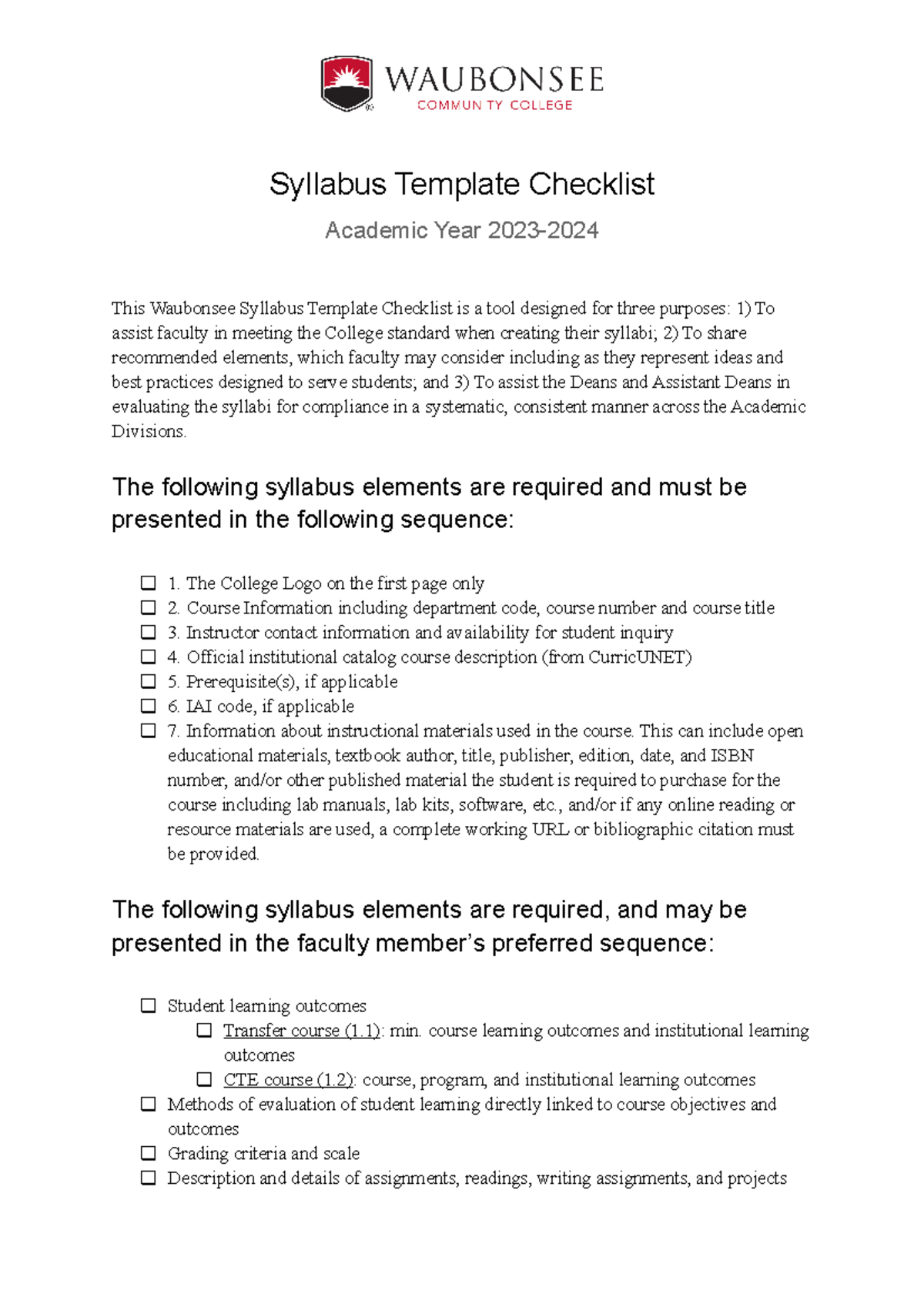 Waubonsee Syllabus Template Checklist AY2324 - The following syllabus ...