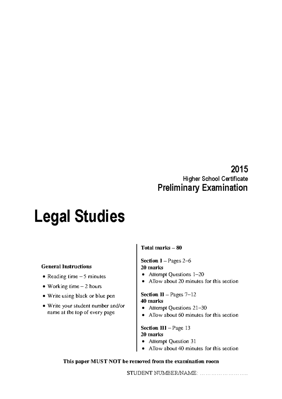 3a. Legal Studies Yr 11 Questions 2015 - STUDENT NUMBER/NAME ...