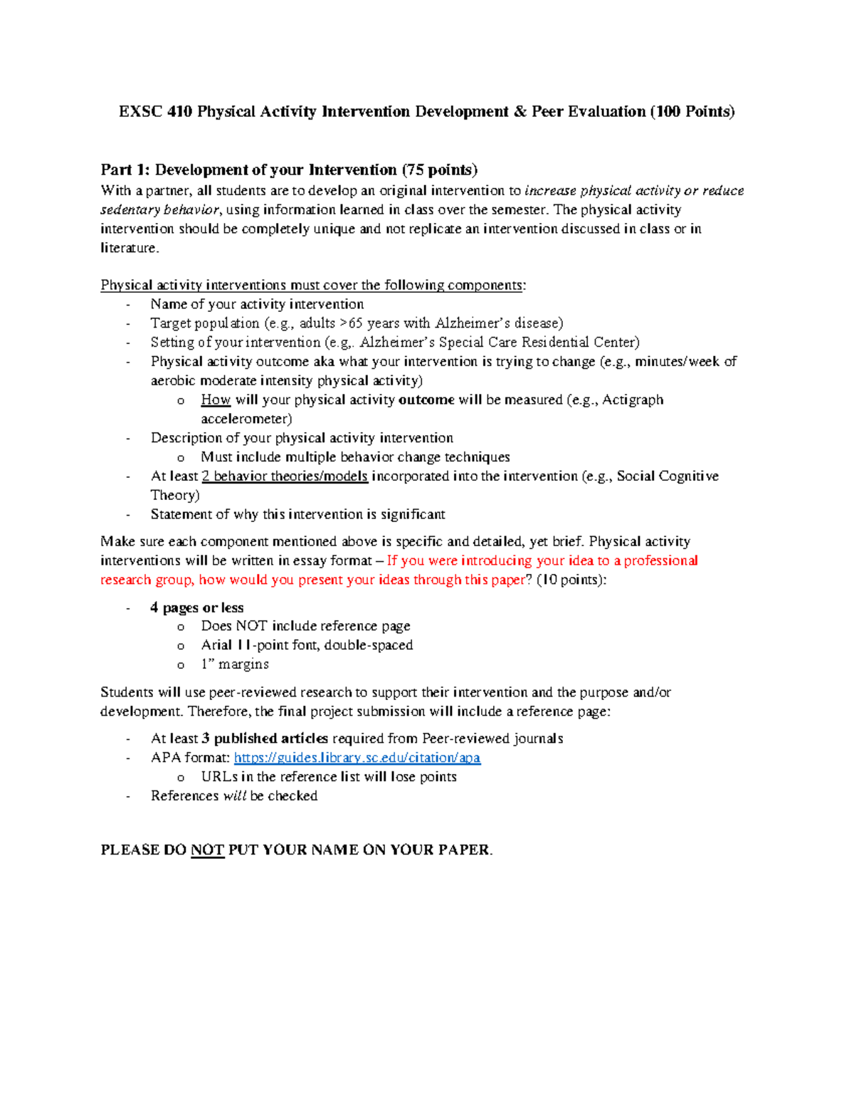 PA Intervention Assignment(1) - EXSC 410 Physical Activity Intervention ...