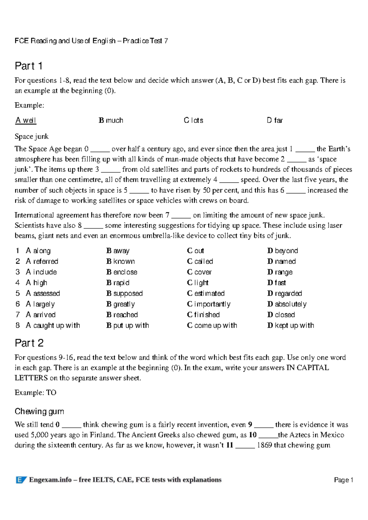 FCE Reading and Use of English - Practice Test 7 - Part 1 For questions ...