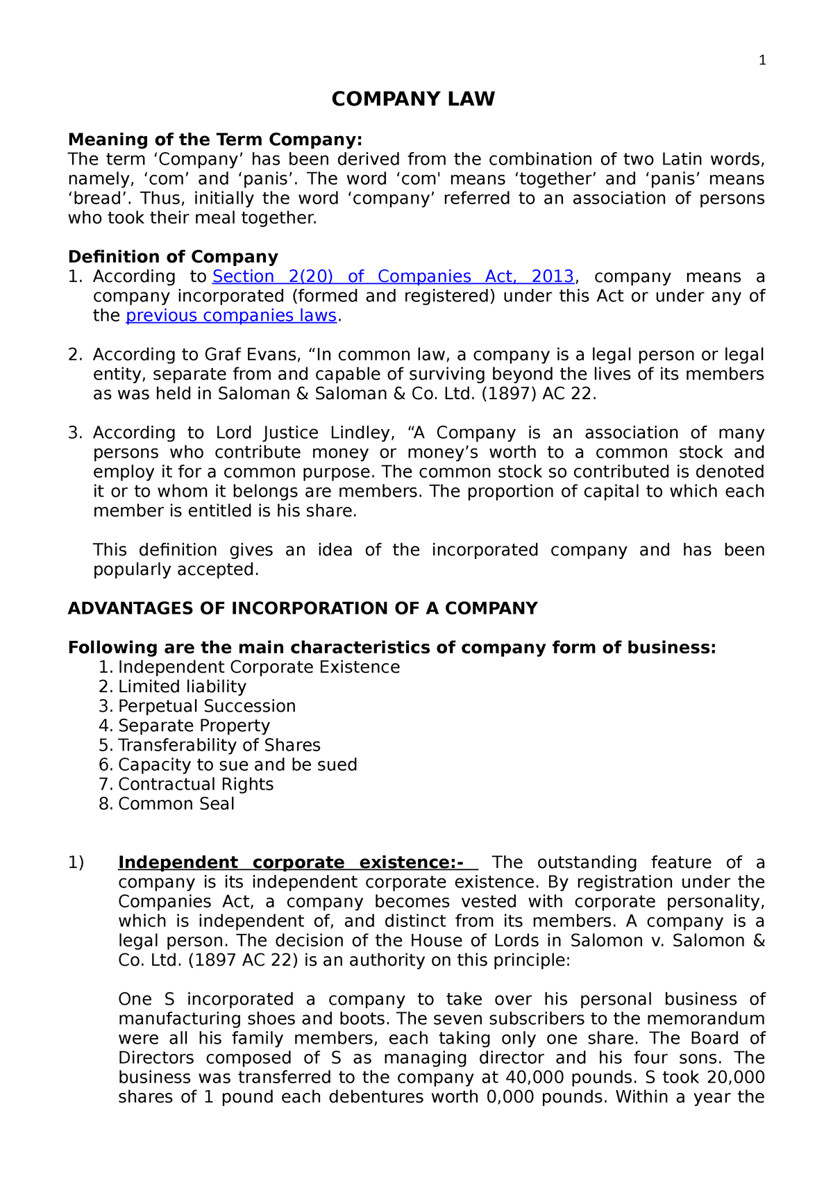 Company LAW 1 Notes For Crpc COMPANY LAW Meaning Of The Term 