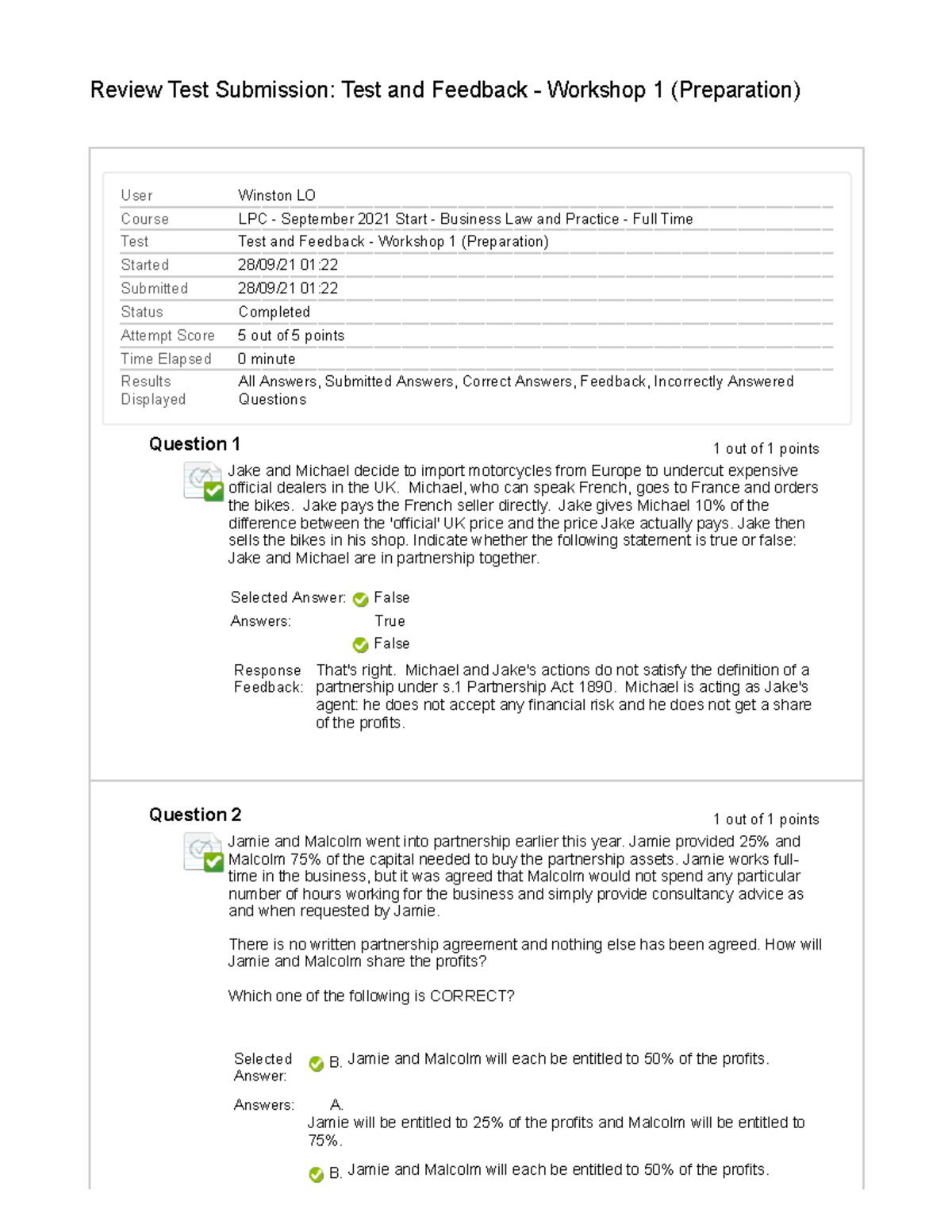 Business Law and Practice WS1 Prepatory MCQ Answers - Review Test ...