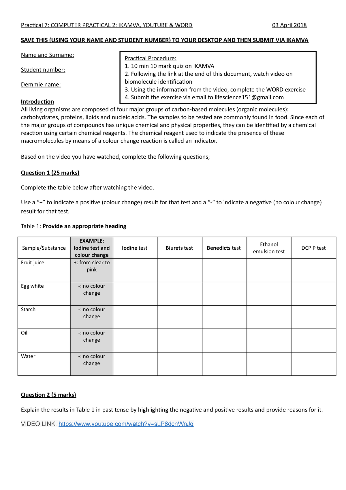 BIOCHEMICAL IDENTIFICATION OF BIOMOLECULES - Practical 7: COMPUTER ...