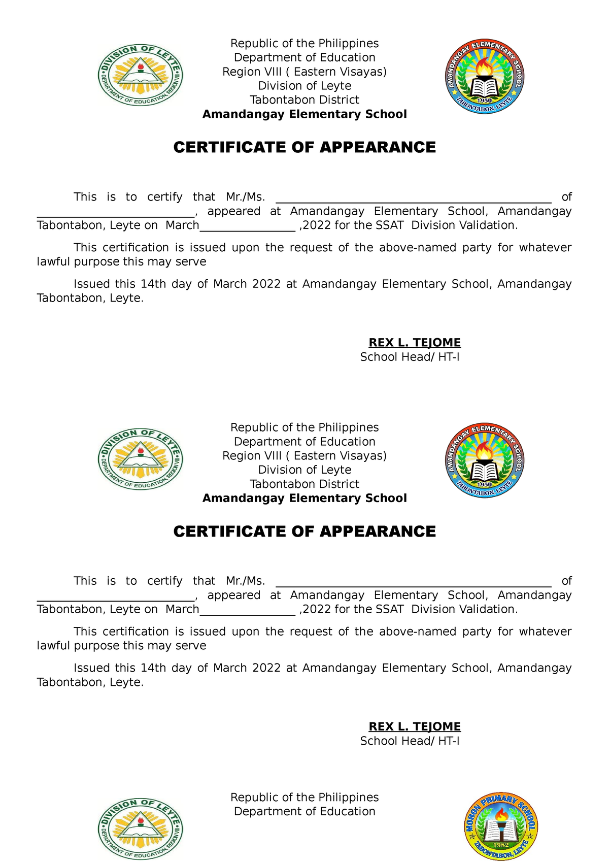 Certificate of appearance Republic of the Philippines Department of