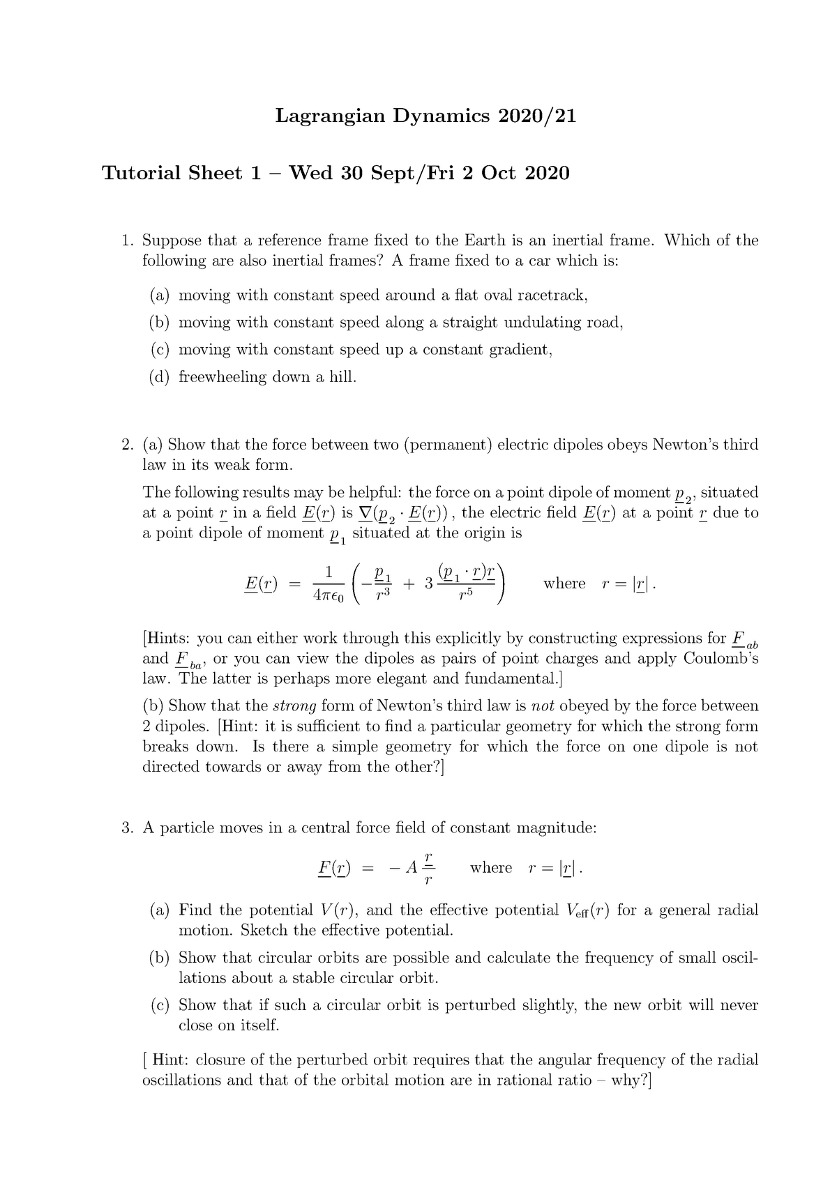 Lagrangian Dynamics Problem Sheet 1 Studocu