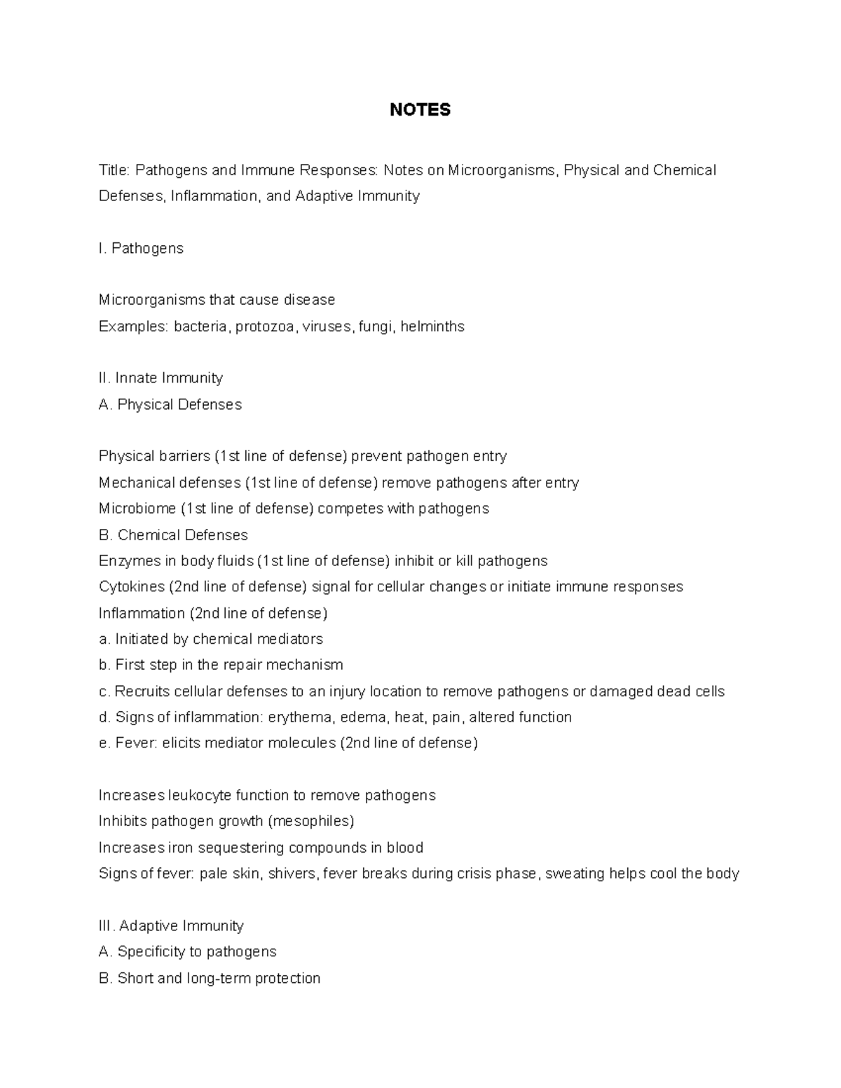 Pathogens and Immune Responses Notes on Microorganisms, Physical and ...