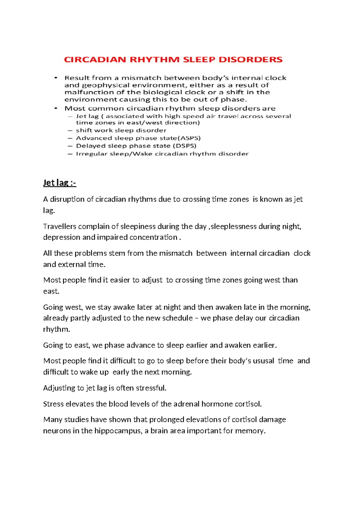 Circadian rhythm - It's included in physiology - Jet lag :- A ...