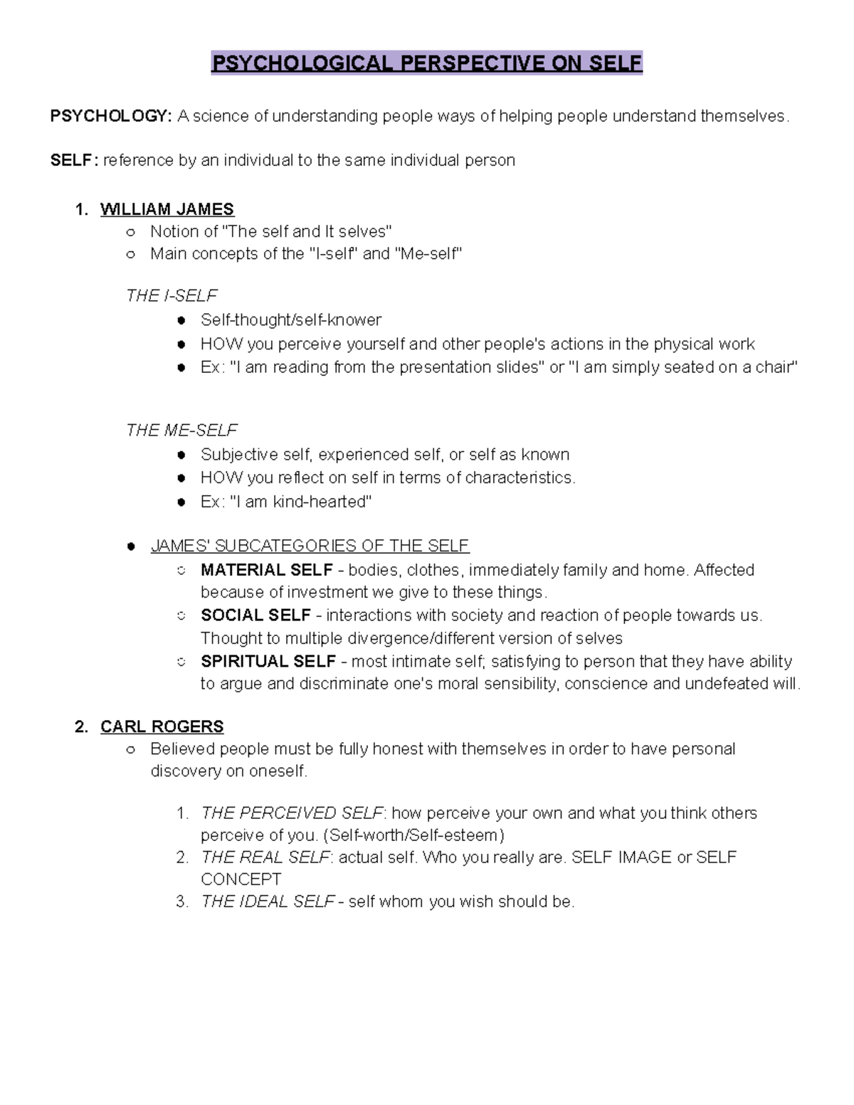 SS021 M1 Notes yes PSYCHOLOGICAL PERSPECTIVE ON SELF PSYCHOLOGY A
