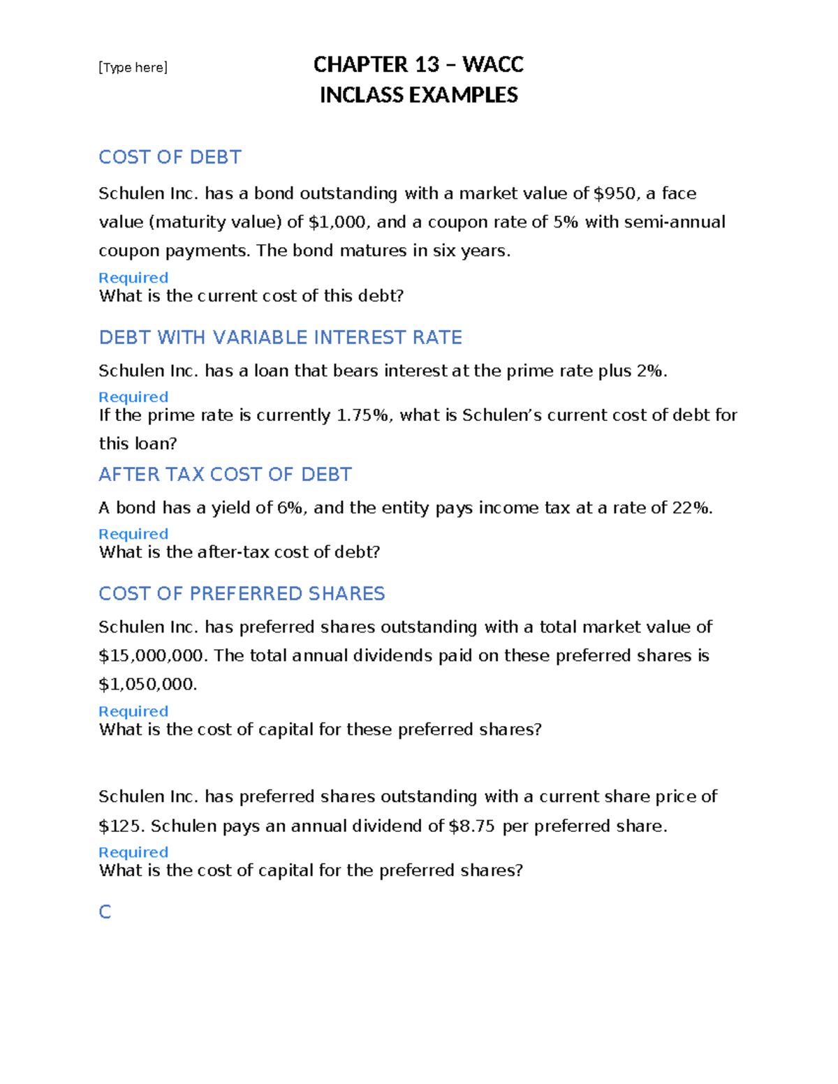 ACCT 352 F2023 In Class Problems - [Type here] CHAPTER 13 – WACC ...