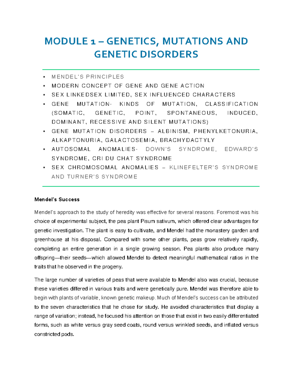 SEM II Module 1- Genetics - MODULE 1 – GENETICS, MUTATIONS AND GENETIC ...