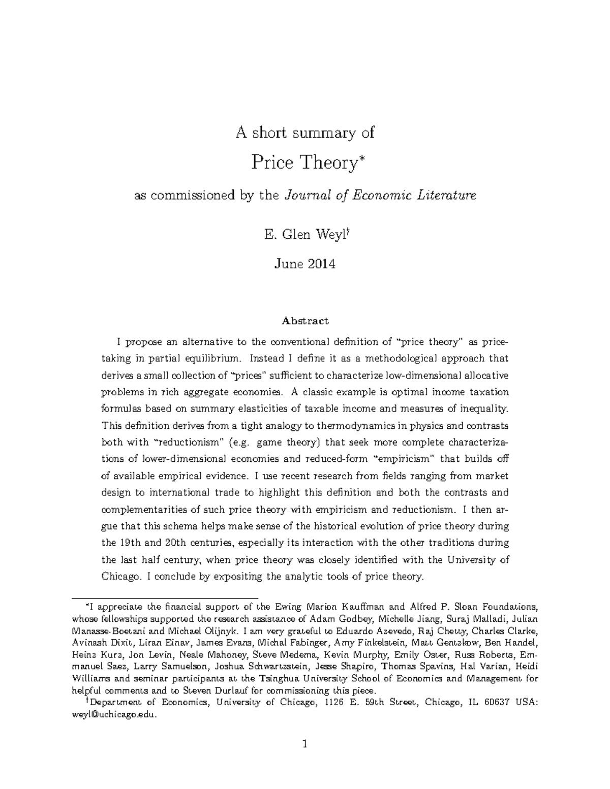 Price Theory Summary 6 14 - A short summary of Price Theory∗ as ...