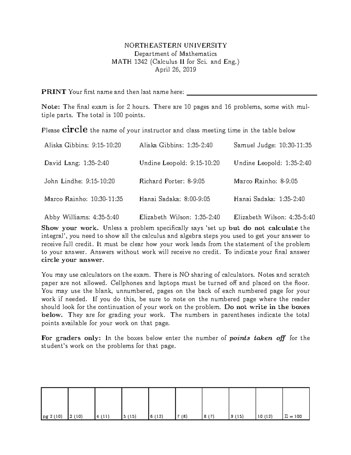 1342 Final EXAM Spring 2019 NORTHEASTERN UNIVERSITY Department of