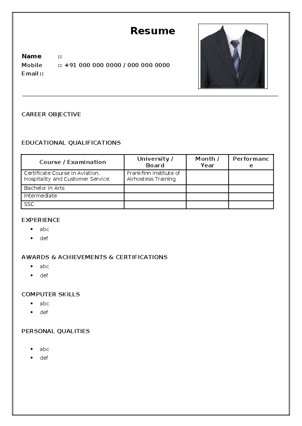 Resume Skeleton - Hyy - Resume Name :: Mobile :: +91 000 000 0000 / 000 ...