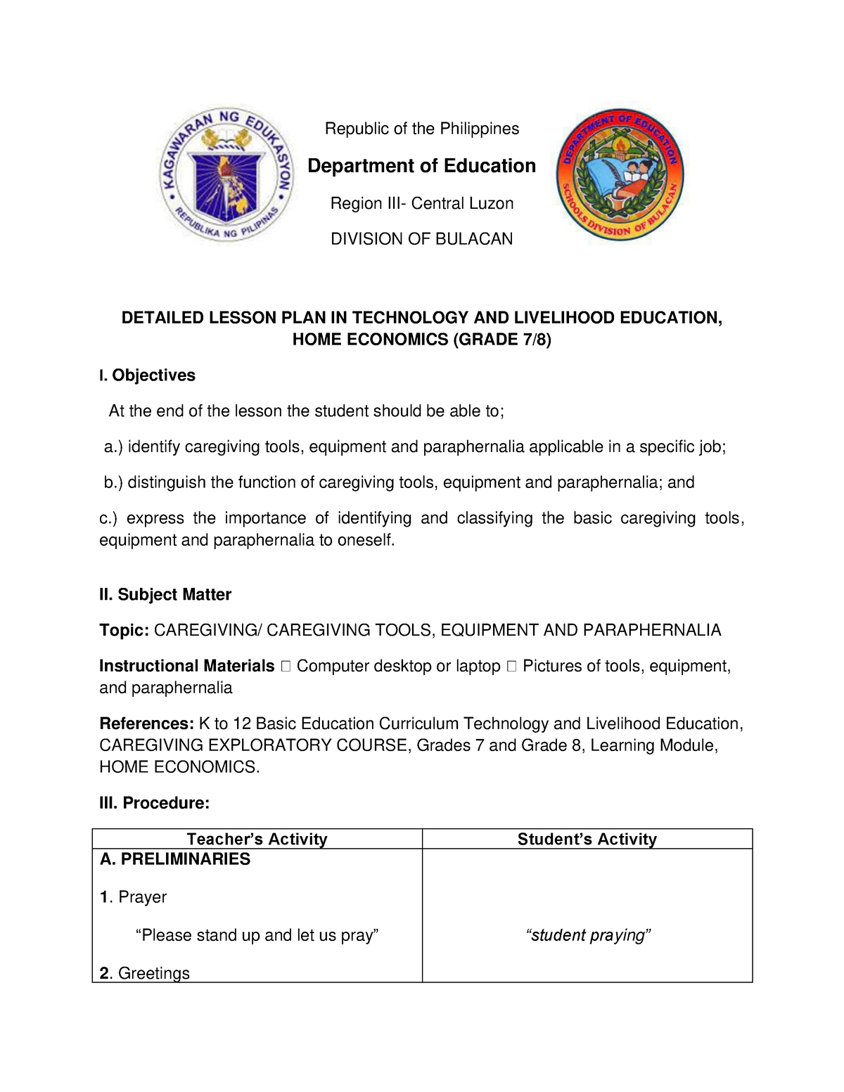 DLP- Caregiving - dlp - Republic of the Philippines Department of ...