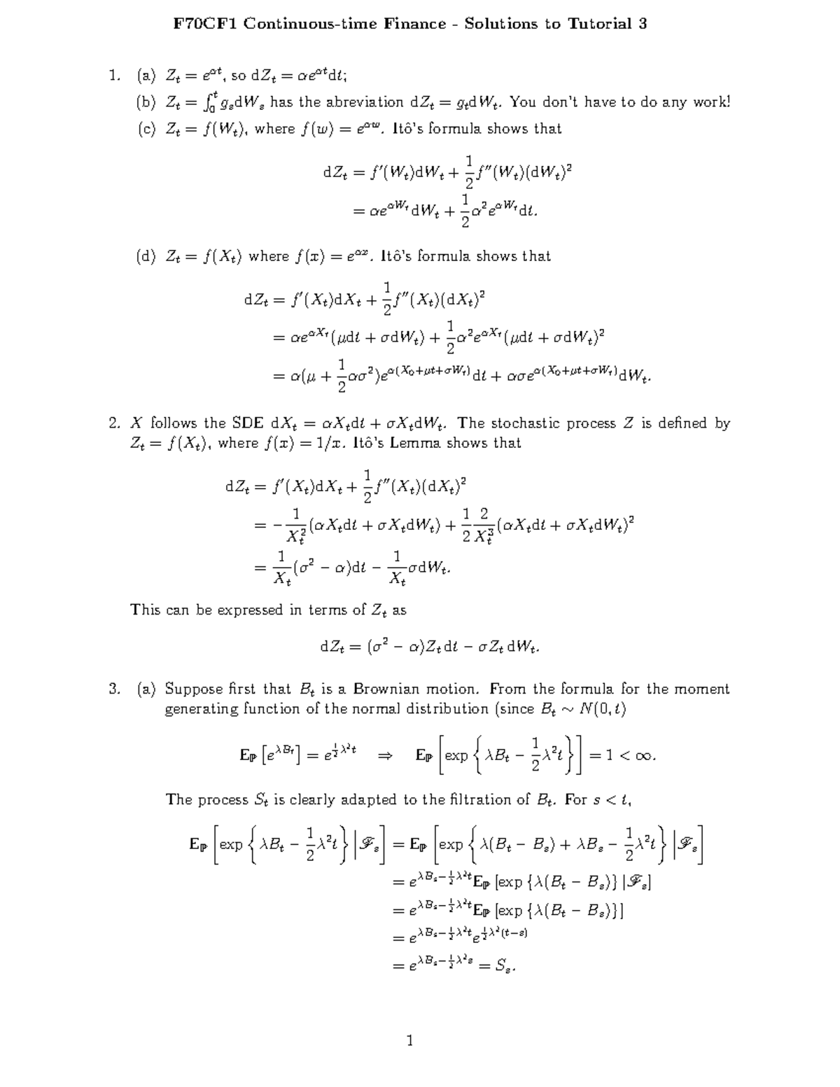 Tutorial 3 Solutions - F70CF1 Continuous-time Finance - Solutions to ...